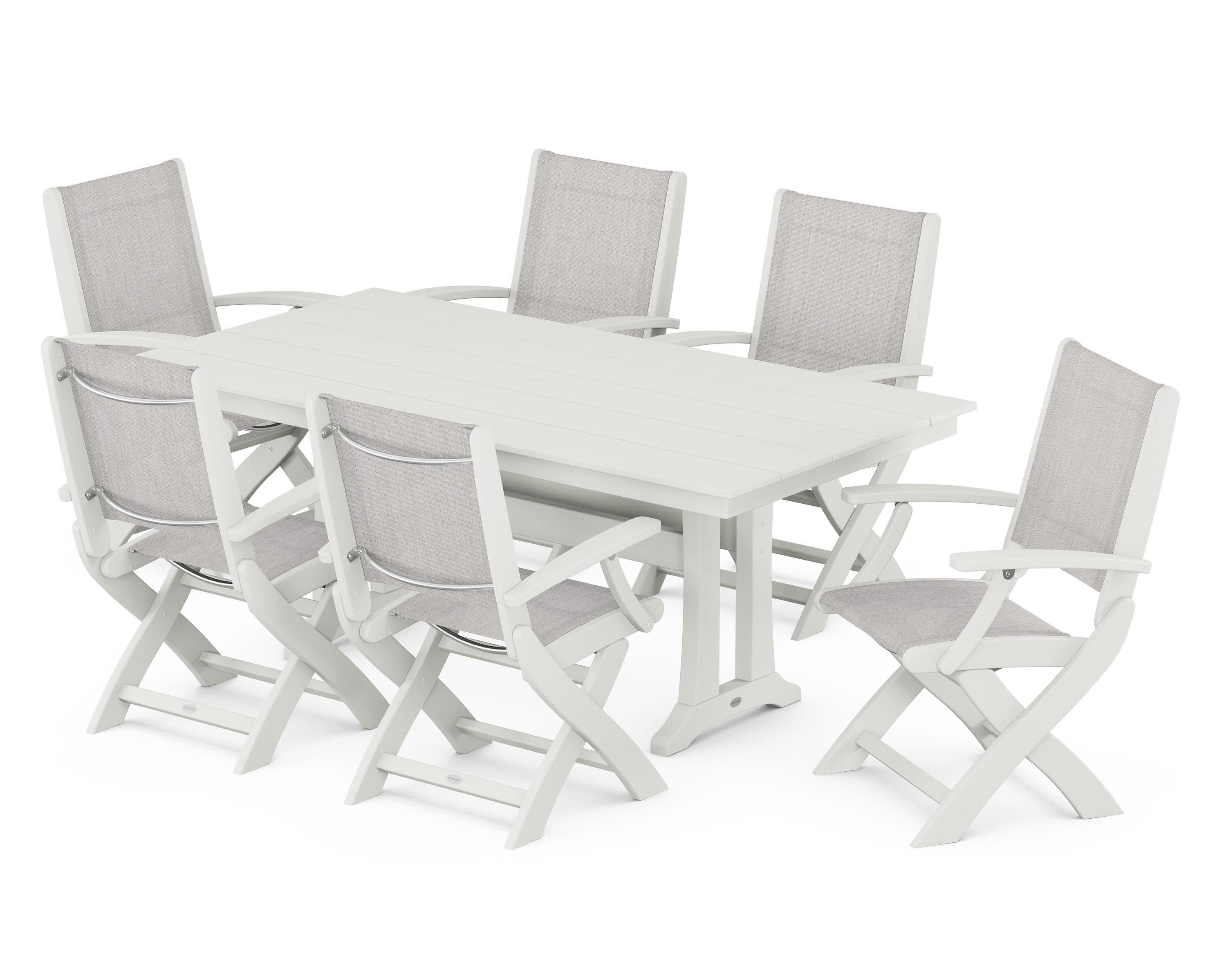 Coastal Folding Arm Chair 7-Piece Farmhouse Dining Set with Trestle Legs in Vintage White / Parchment Sling
