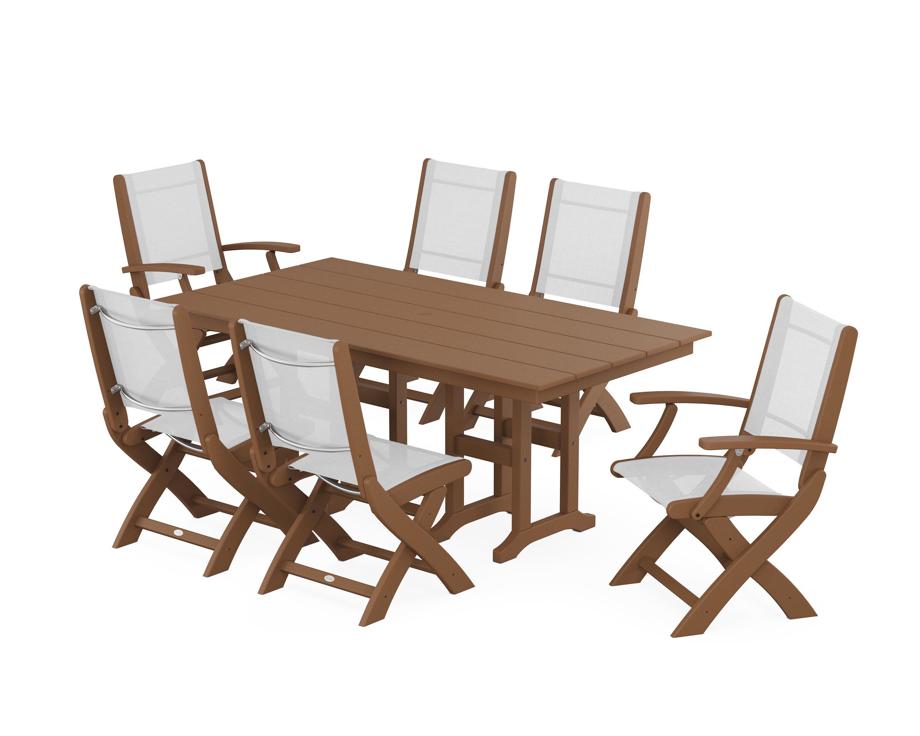 Coastal Folding Chair 7-Piece Farmhouse Dining Set in Teak / White Sling