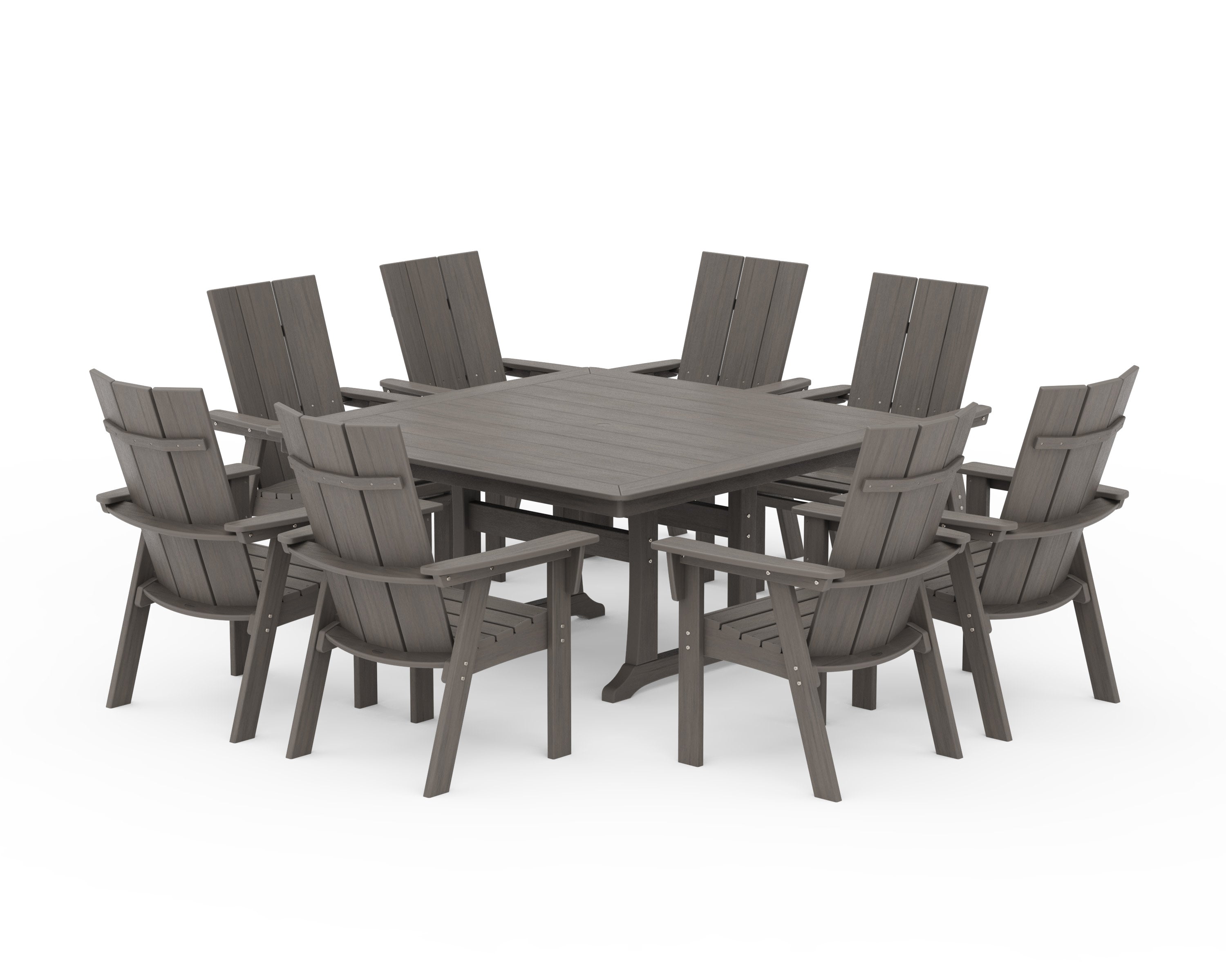 Modern Curveback Adirondack 9-Piece Square Dining Set with Trestle Legs in Driftwood