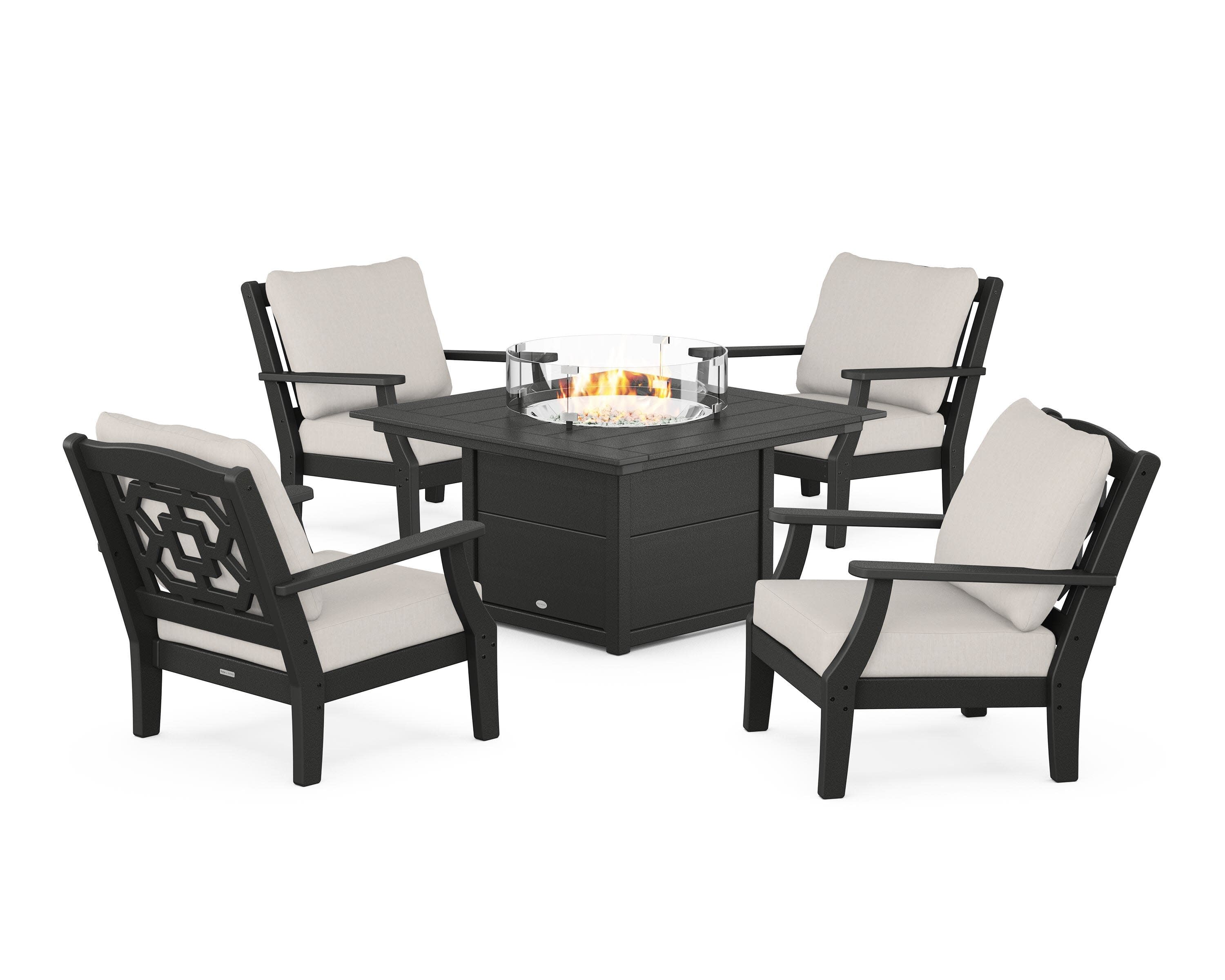 Chinoiserie 5-Piece Deep Seating Set with Fire Pit Table in Black / Cast Ash