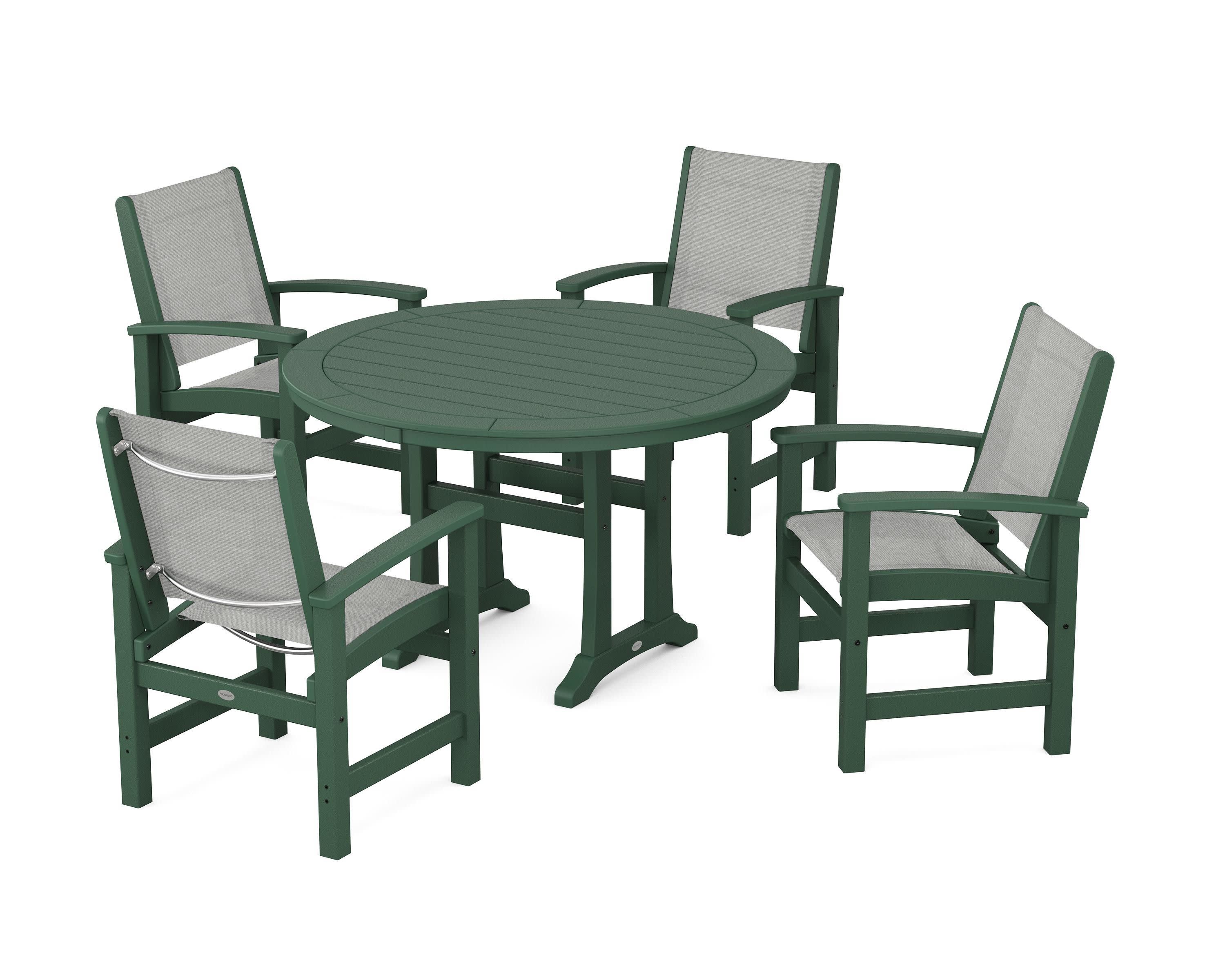 Coastal 5-Piece Round Dining Set with Trestle Legs in Green / Metallic Sling