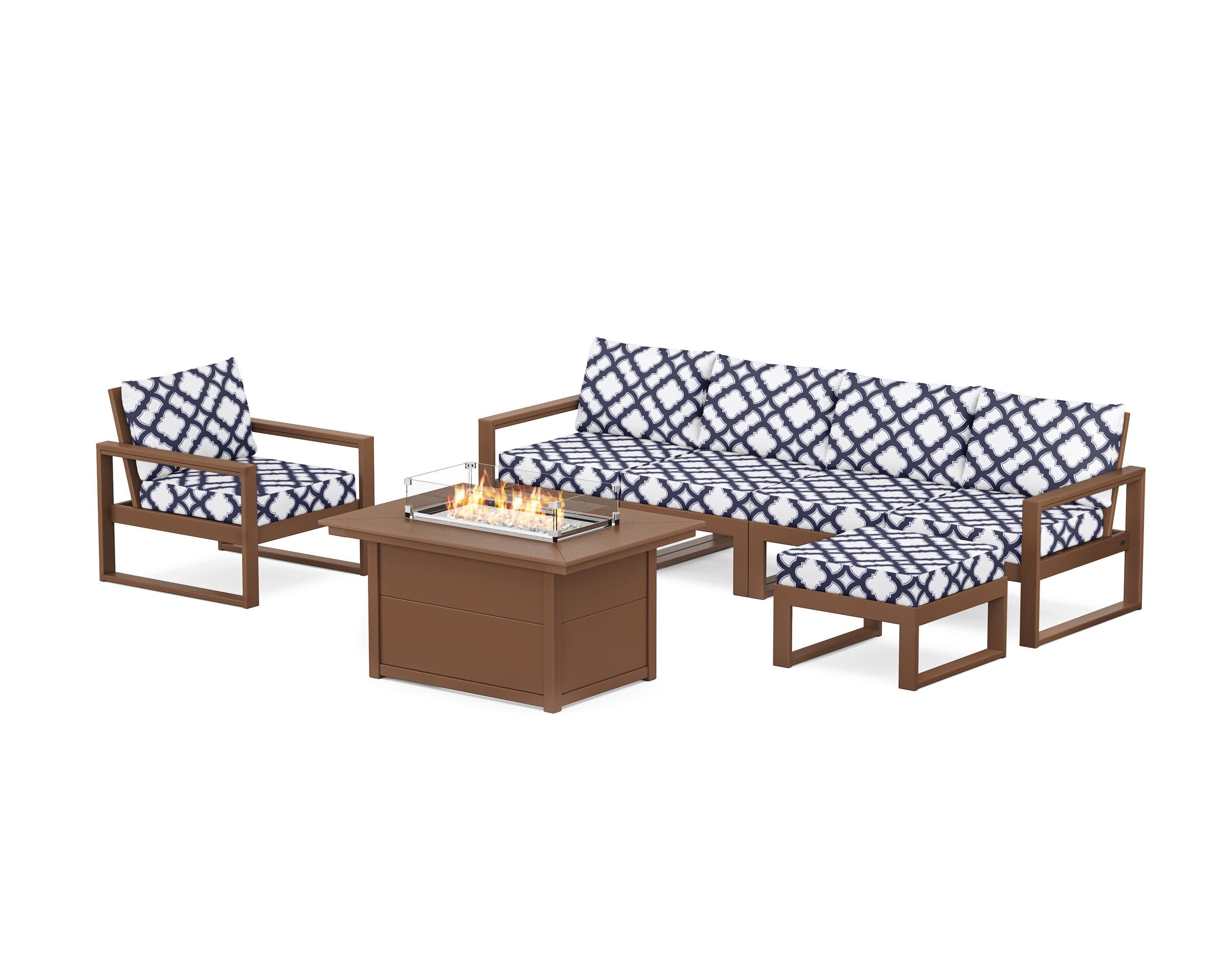 EDGE Sectional Lounge and Fire Pit Set in Teak / Trellis Navy