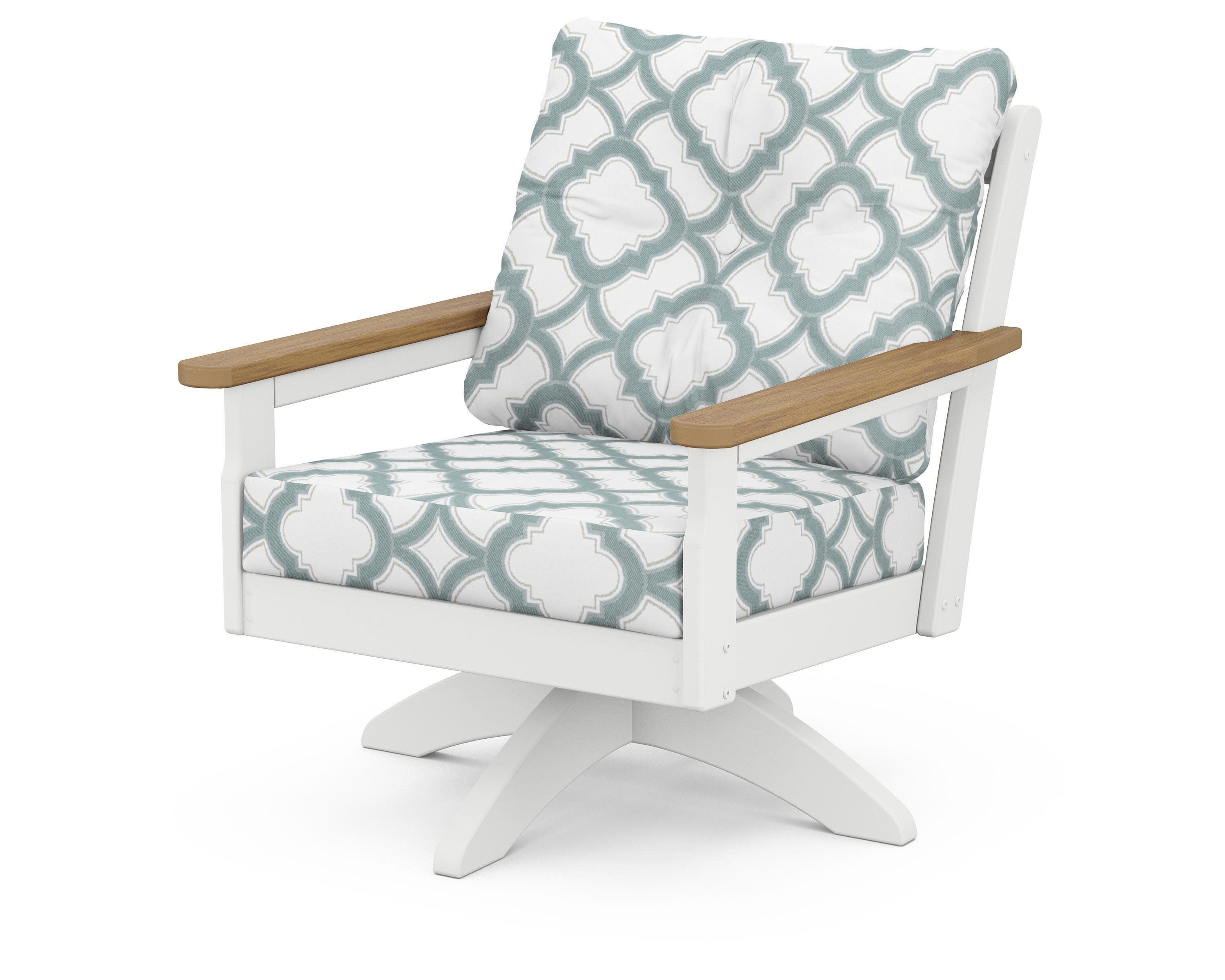 Vineyard Deep Seating Swivel Chair in White / Natural / Trellis Glacier Spa
