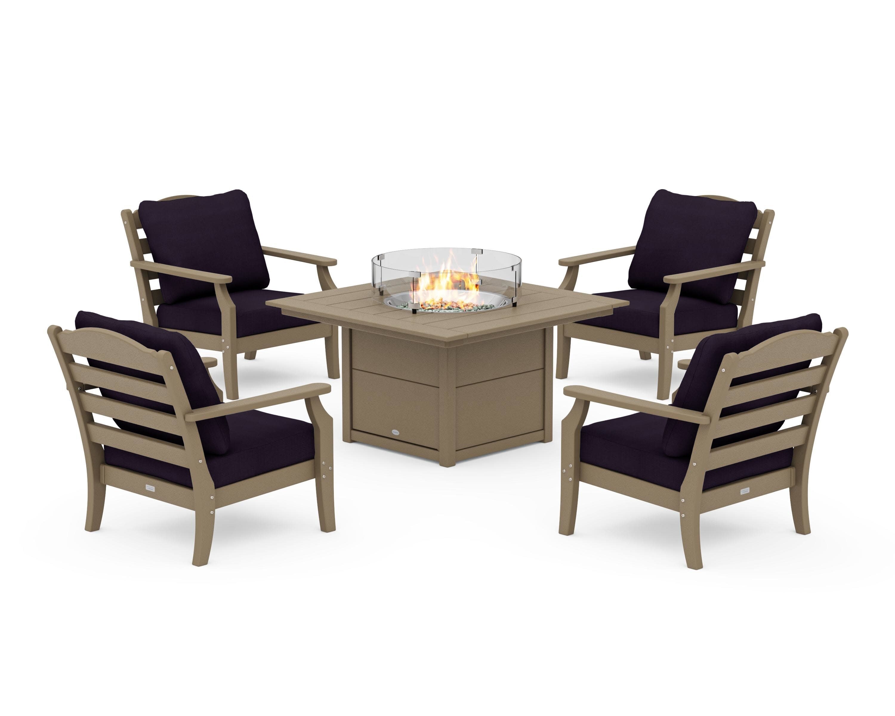 Savannah 5-Piece Deep Seating Set with Fire Pit Table in Vintage Sahara / Navy Linen