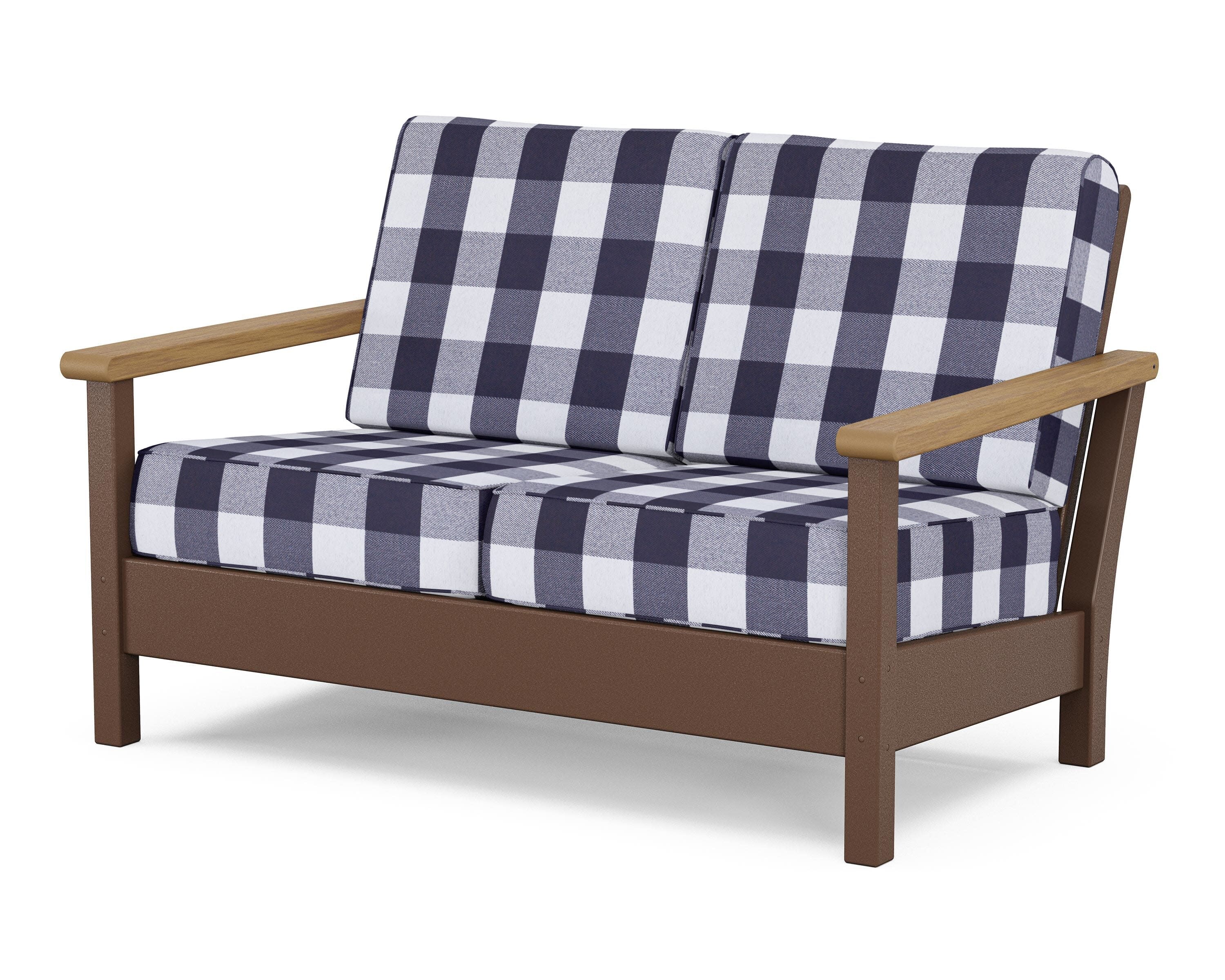 Harbour Deep Seating Loveseat in Mahogany / Natural / Buffalo Plaid Navy
