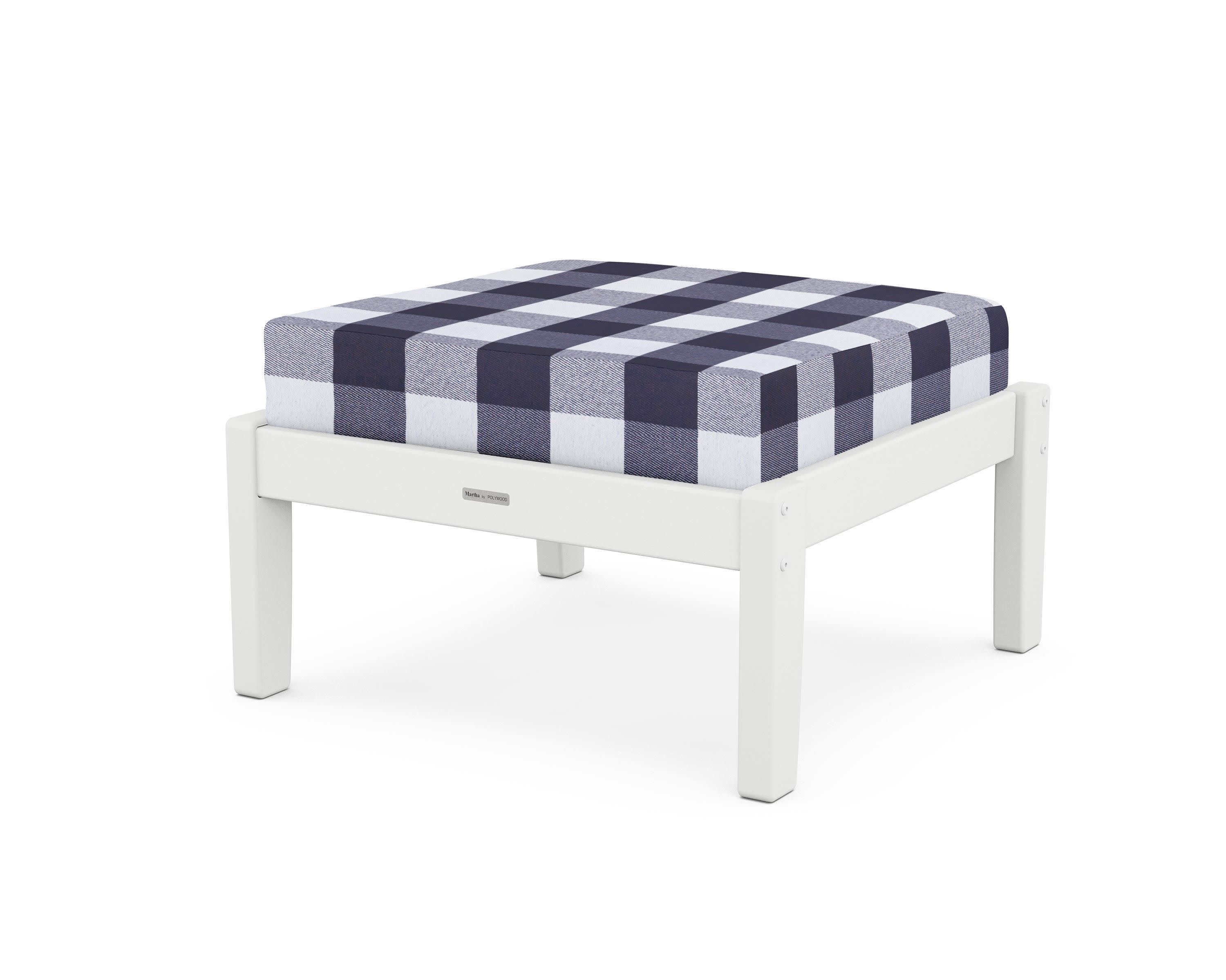 Chinoiserie Deep Seating Ottoman in White / Buffalo Plaid Navy