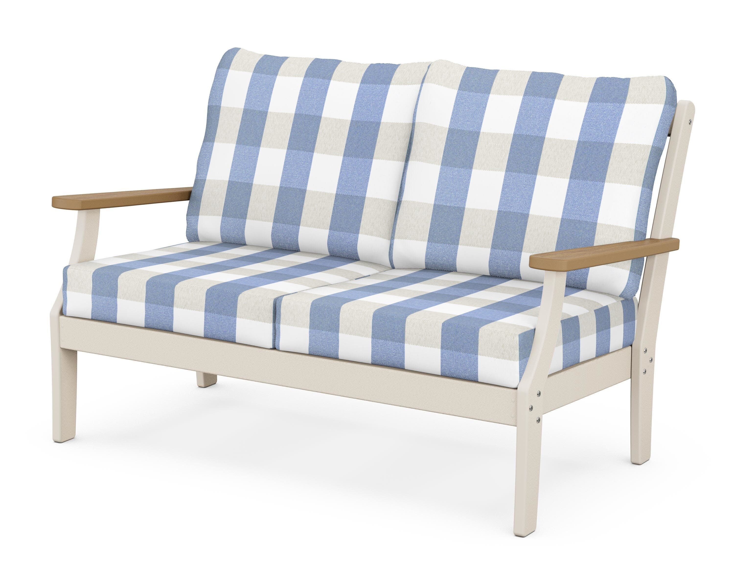 Braxton Deep Seating Loveseat in Sand / Natural / Buffalo Plaid Sky Blue
