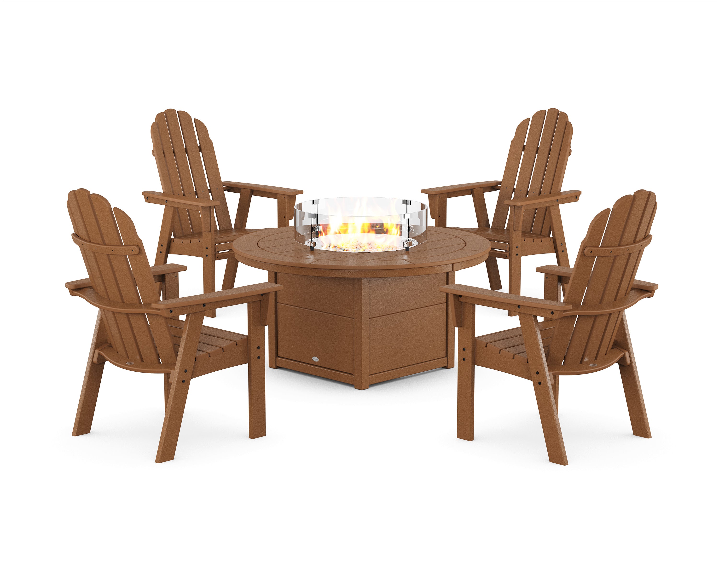 Vineyard 4-Piece Curveback Upright Adirondack Conversation Set with Fire Pit Table in Teak