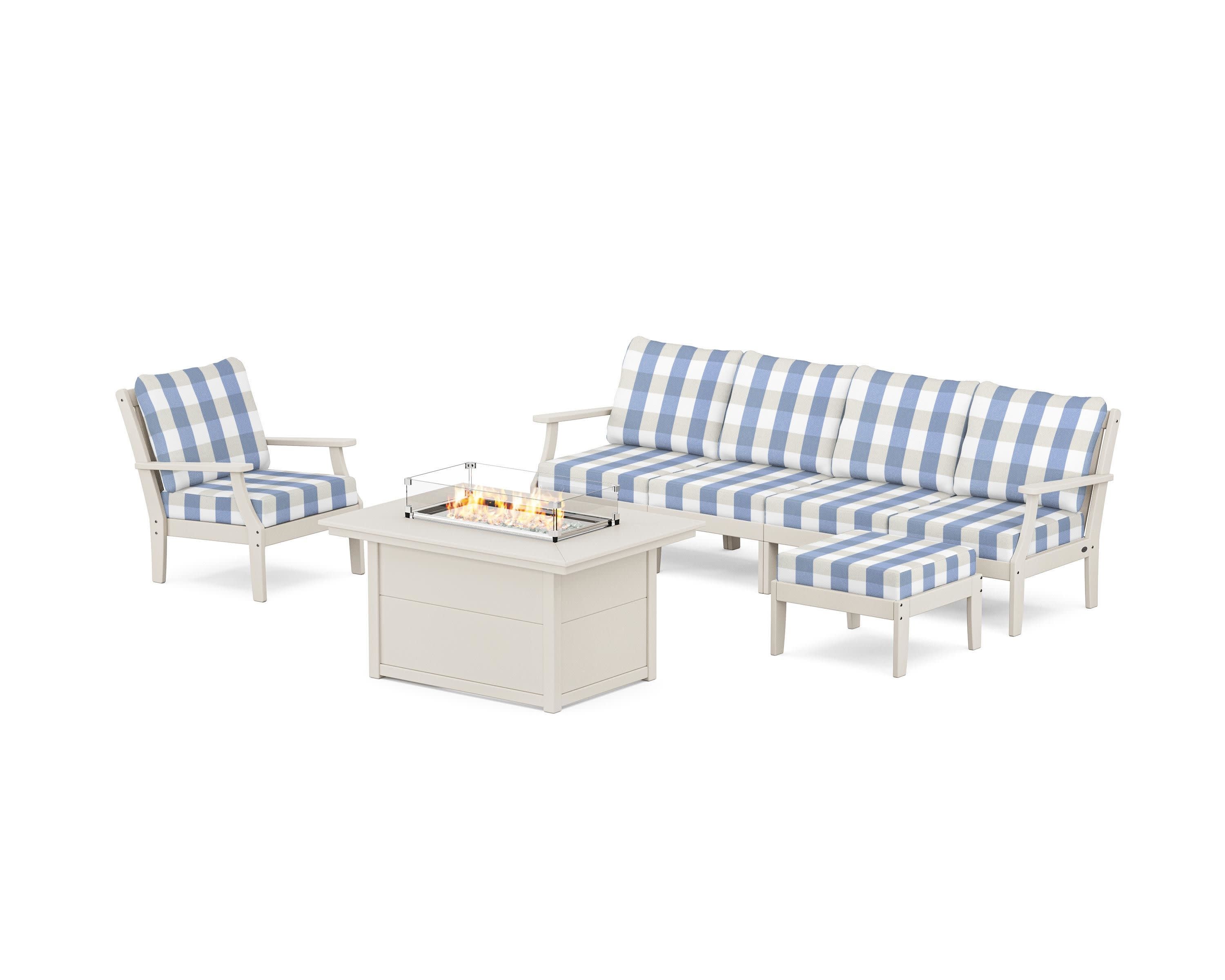 Braxton Sectional Lounge and Fire Pit Set in Sand / Buffalo Plaid Sky Blue