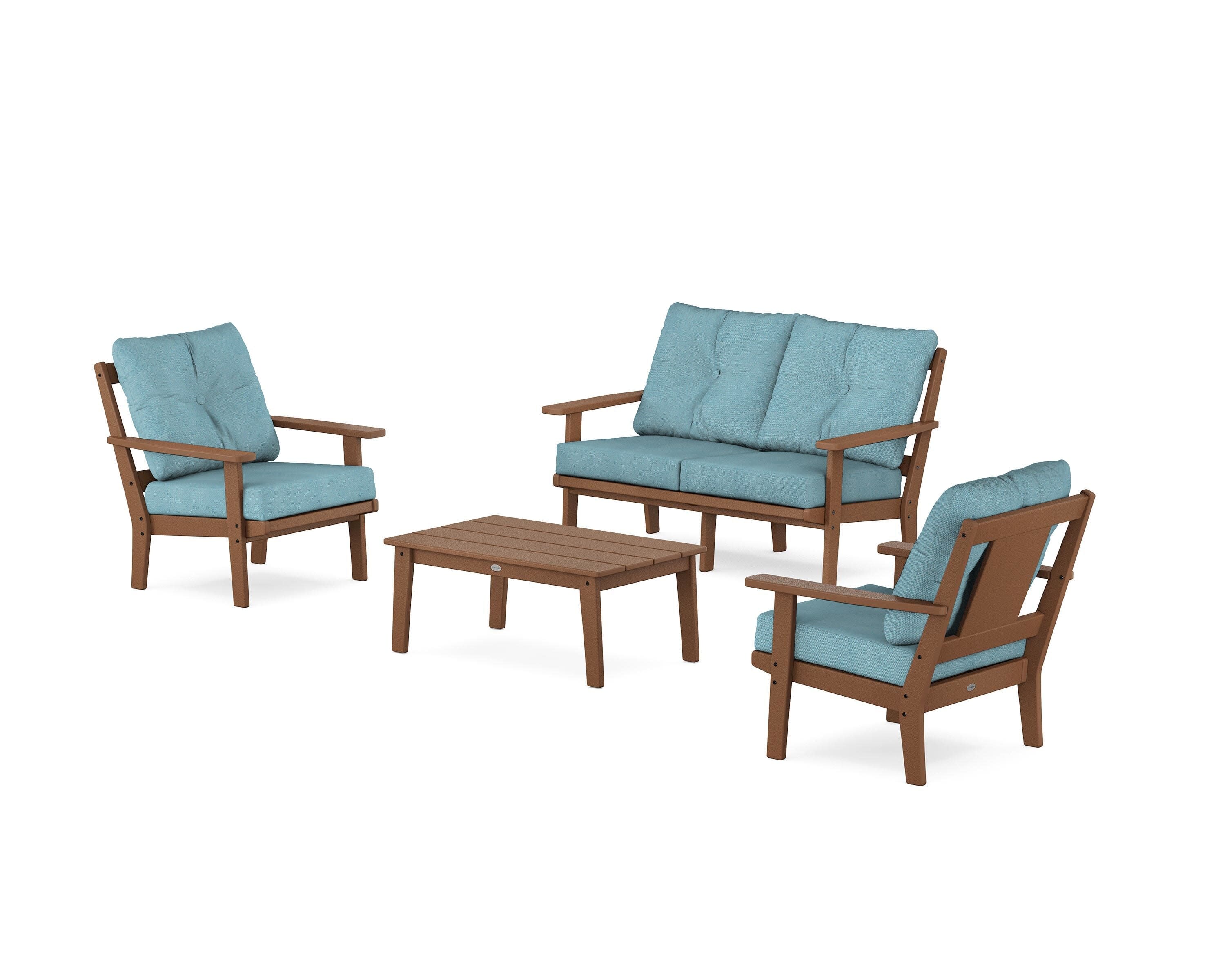 Prairie 4-Piece Deep Seating Set with Loveseat in Teak / Lattice Sky Blue