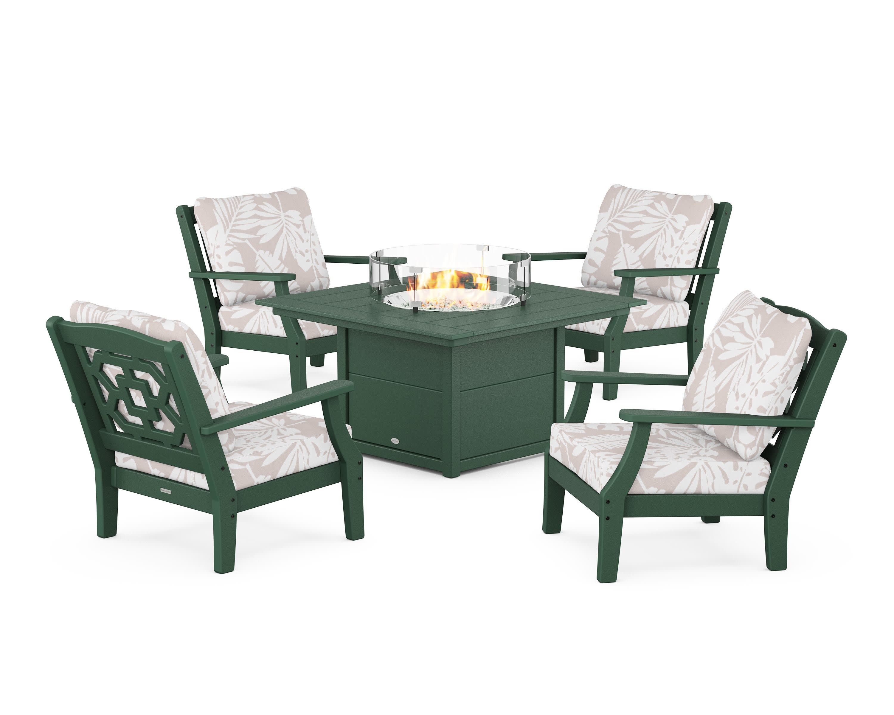 Chinoiserie 5-Piece Deep Seating Set with Fire Pit Table in Green / Leaf Dune Burlap