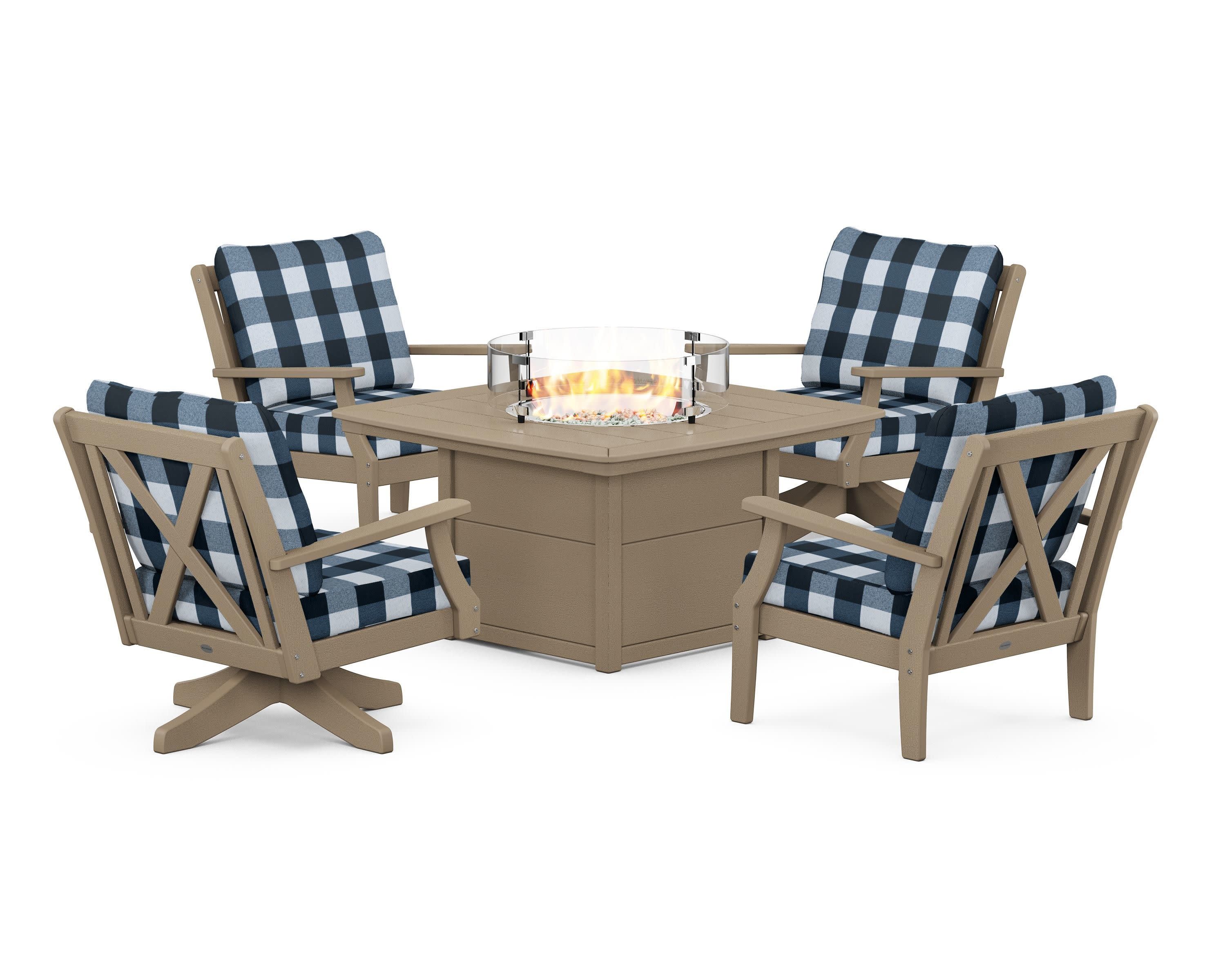 Braxton 5-Piece Deep Seating Set with Fire Table in Vintage Sahara / Buffalo Plaid Marine Indigo
