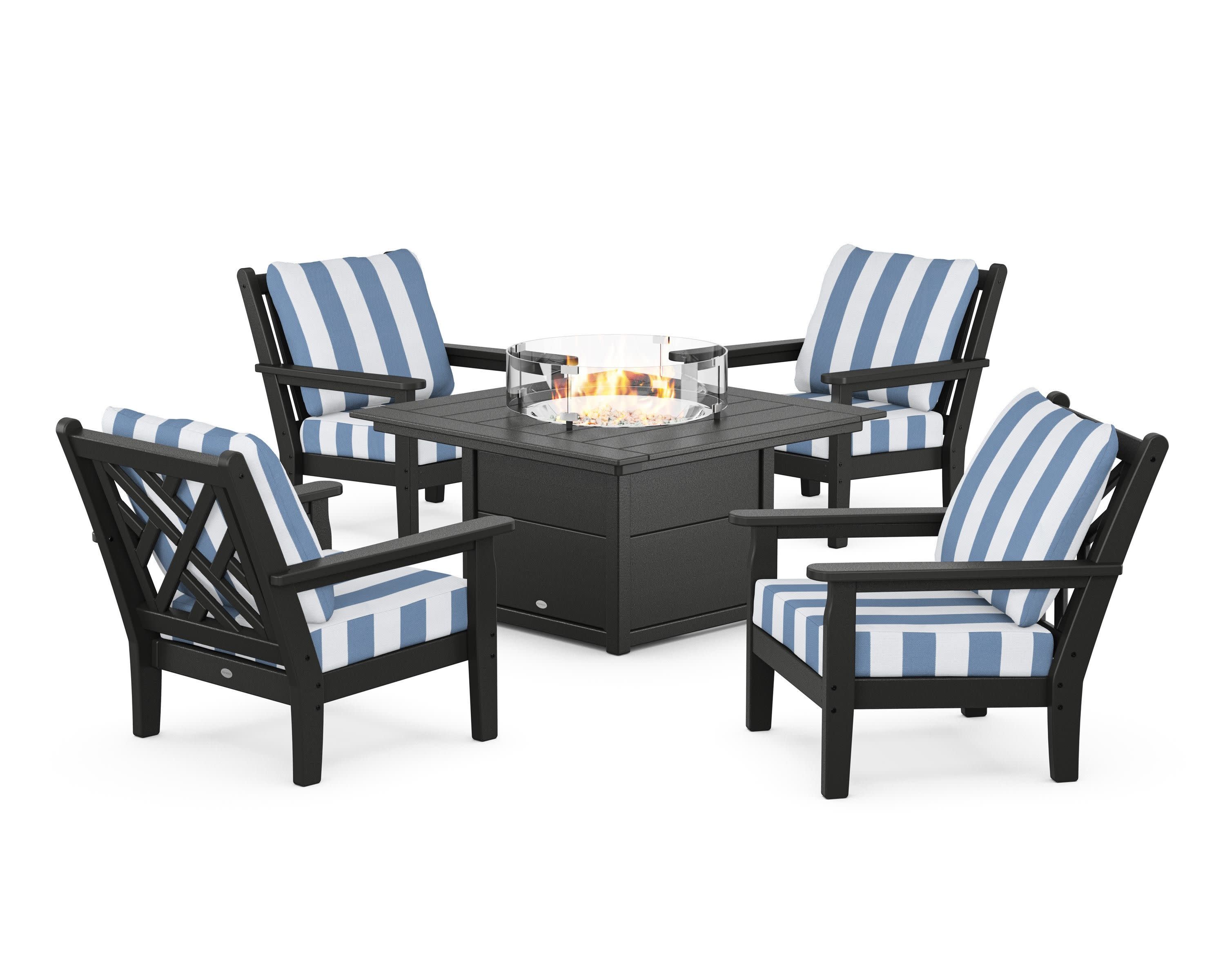 Chippendale 5-Piece Deep Seating Set with Fire Pit Table in Black / Cabana Stripe Sky Blue