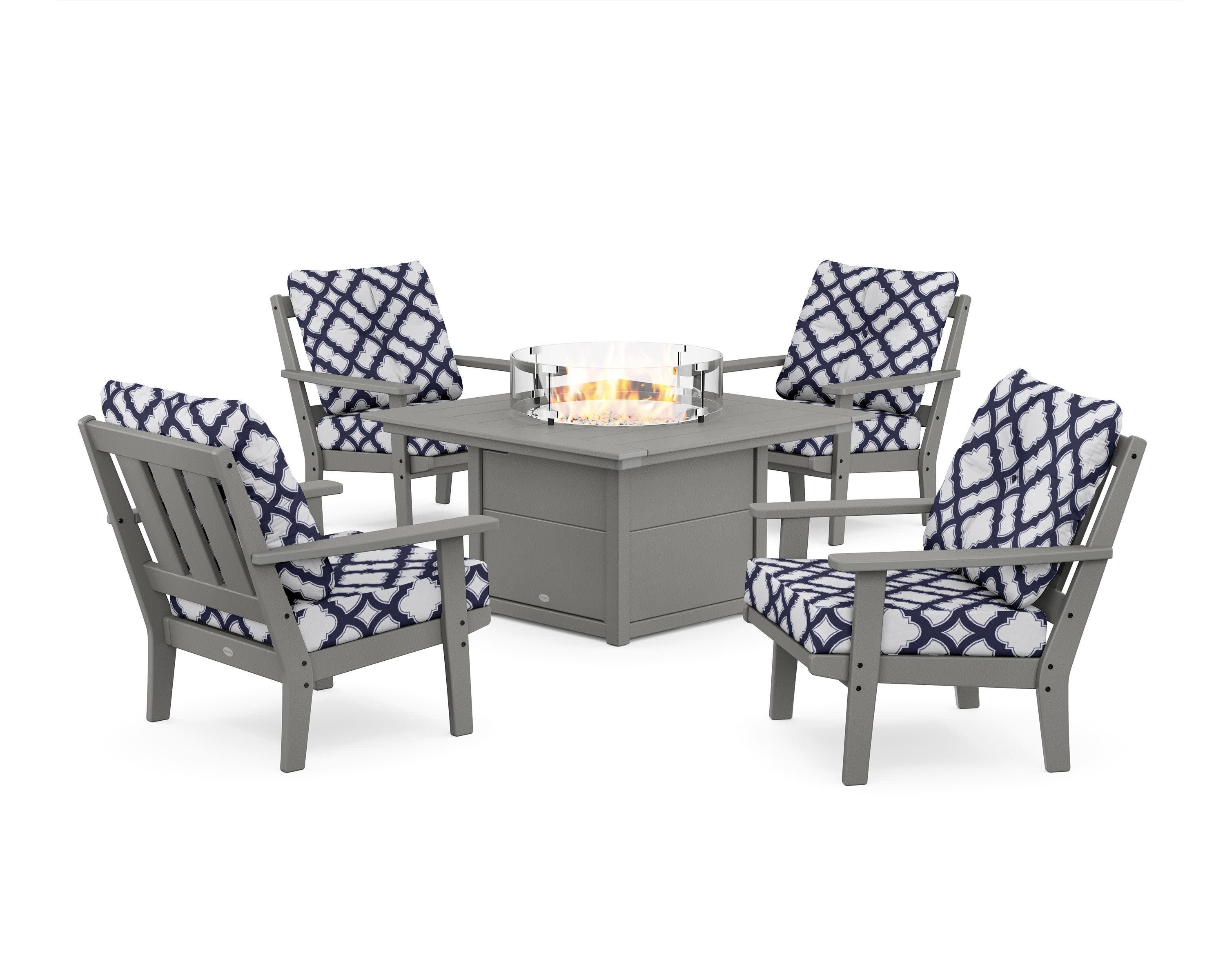 Oxford 5-Piece Deep Seating Set with Fire Pit Table in Slate Grey / Trellis Navy