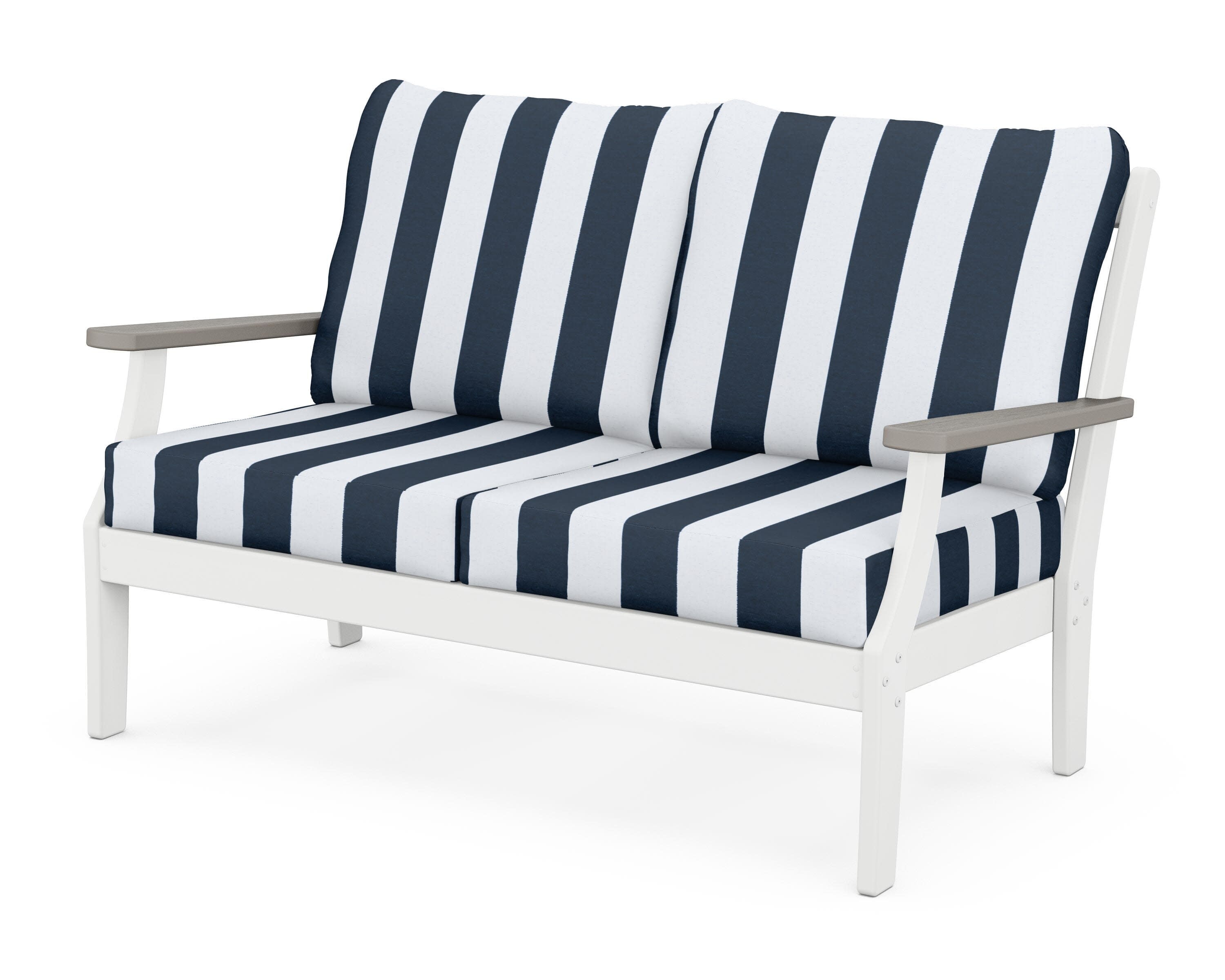Braxton Deep Seating Loveseat in White / Driftwood / Cabana Stripe Marine Indigo
