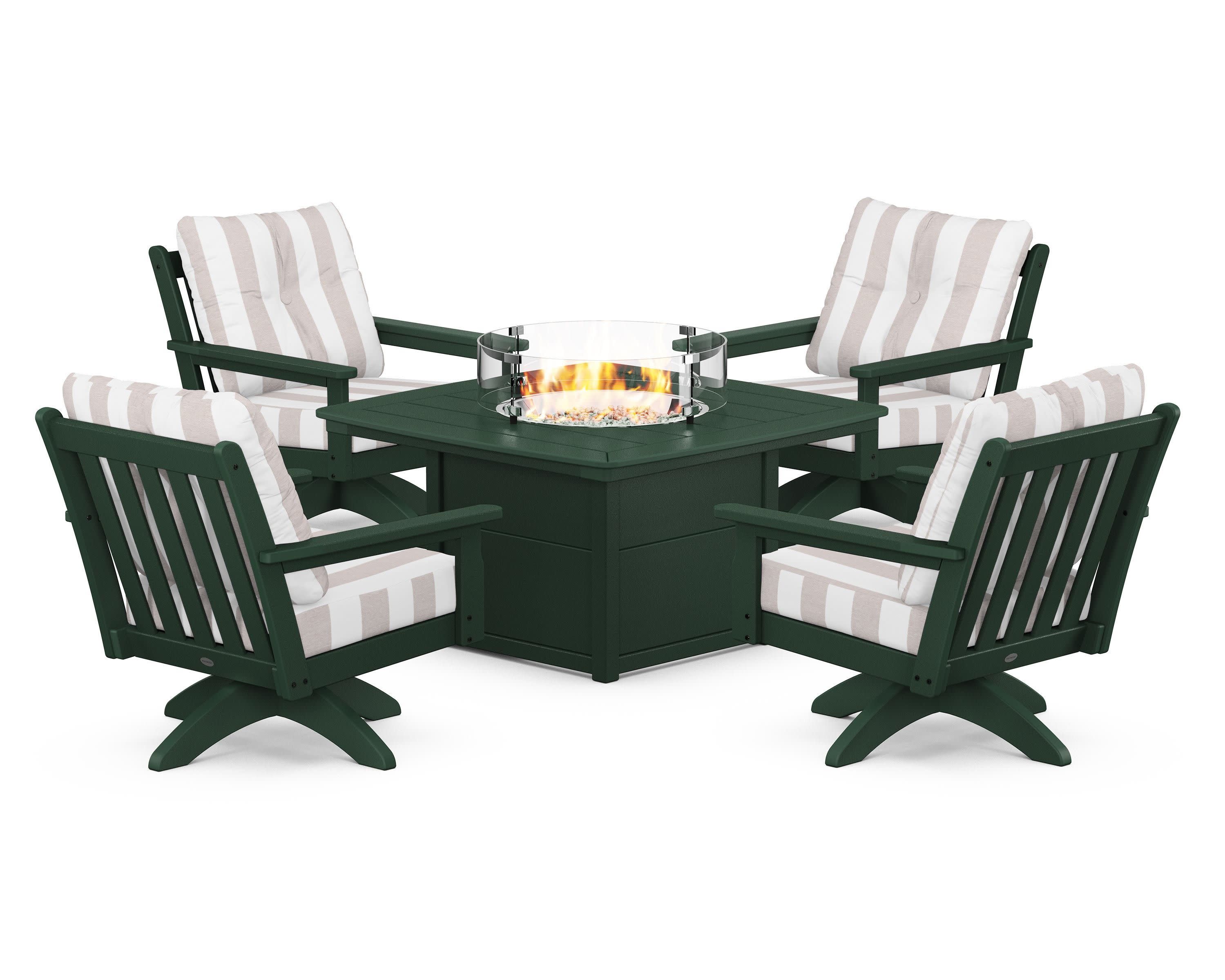 Vineyard 5-Piece Deep Seating Swivel Conversation Set with Fire Pit Table in Green / Cabana Stripe Dune Burlap