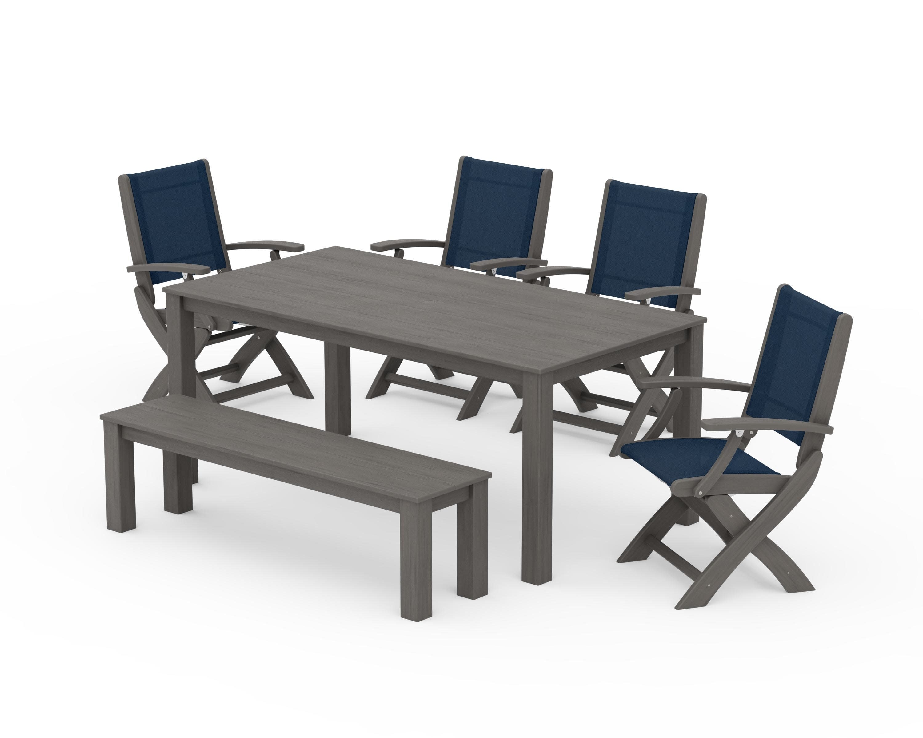 Coastal Folding Chair 6-Piece Parsons Dining Set with Bench in Driftwood / Navy Blue Sling