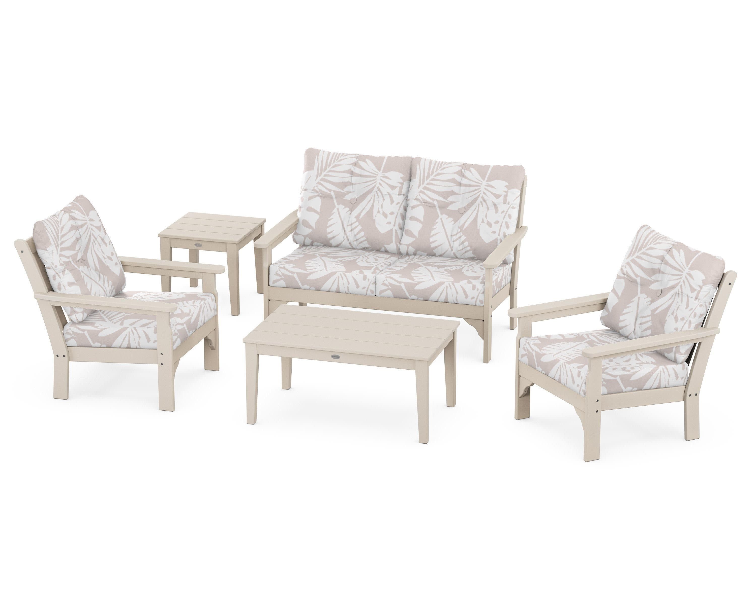 Vineyard 5-Piece Deep Seating Set in Sand / Leaf Dune Burlap