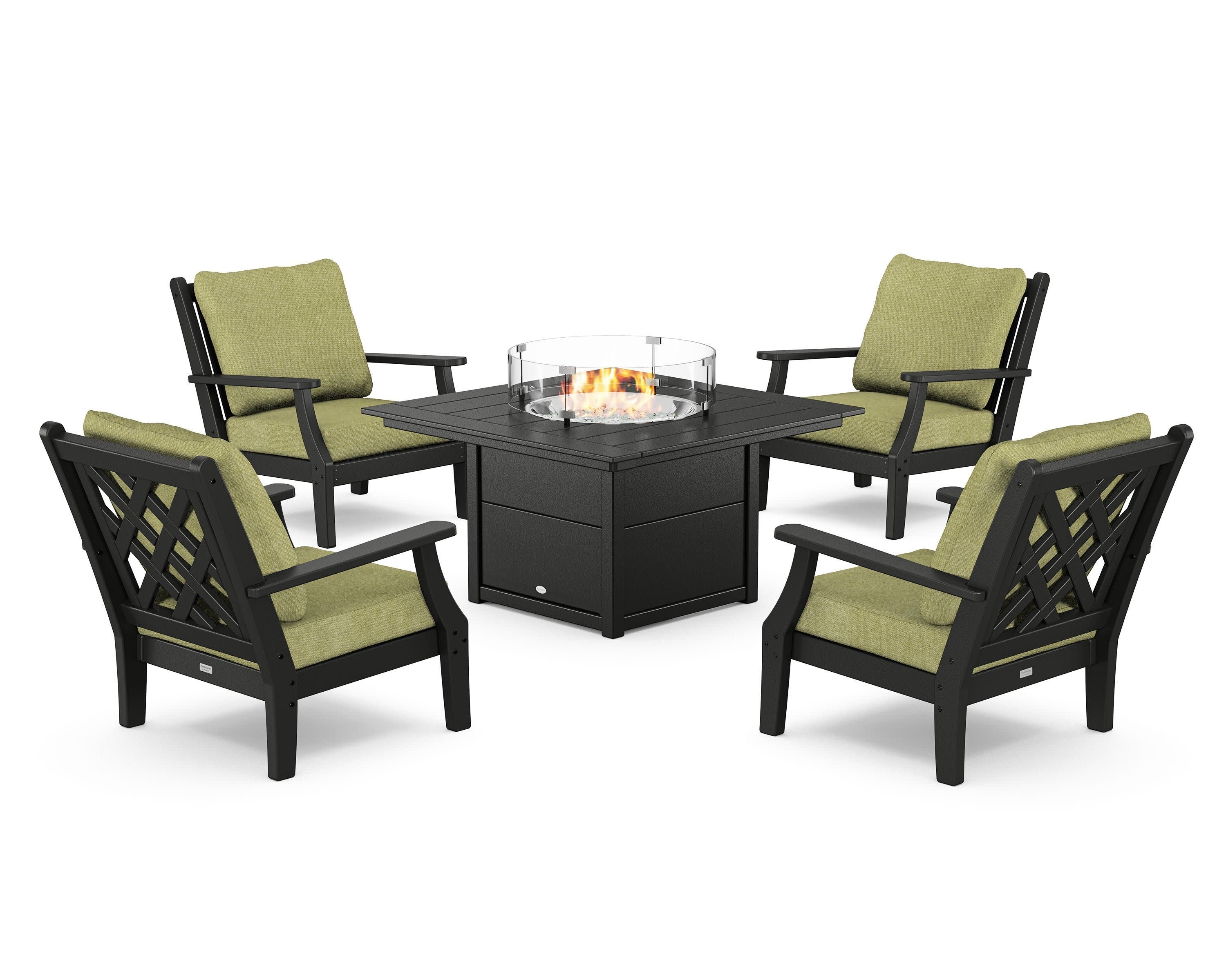 Wovendale 5-Piece Deep Seating Set with Fire Pit Table in Black / Chartreuse Boucle