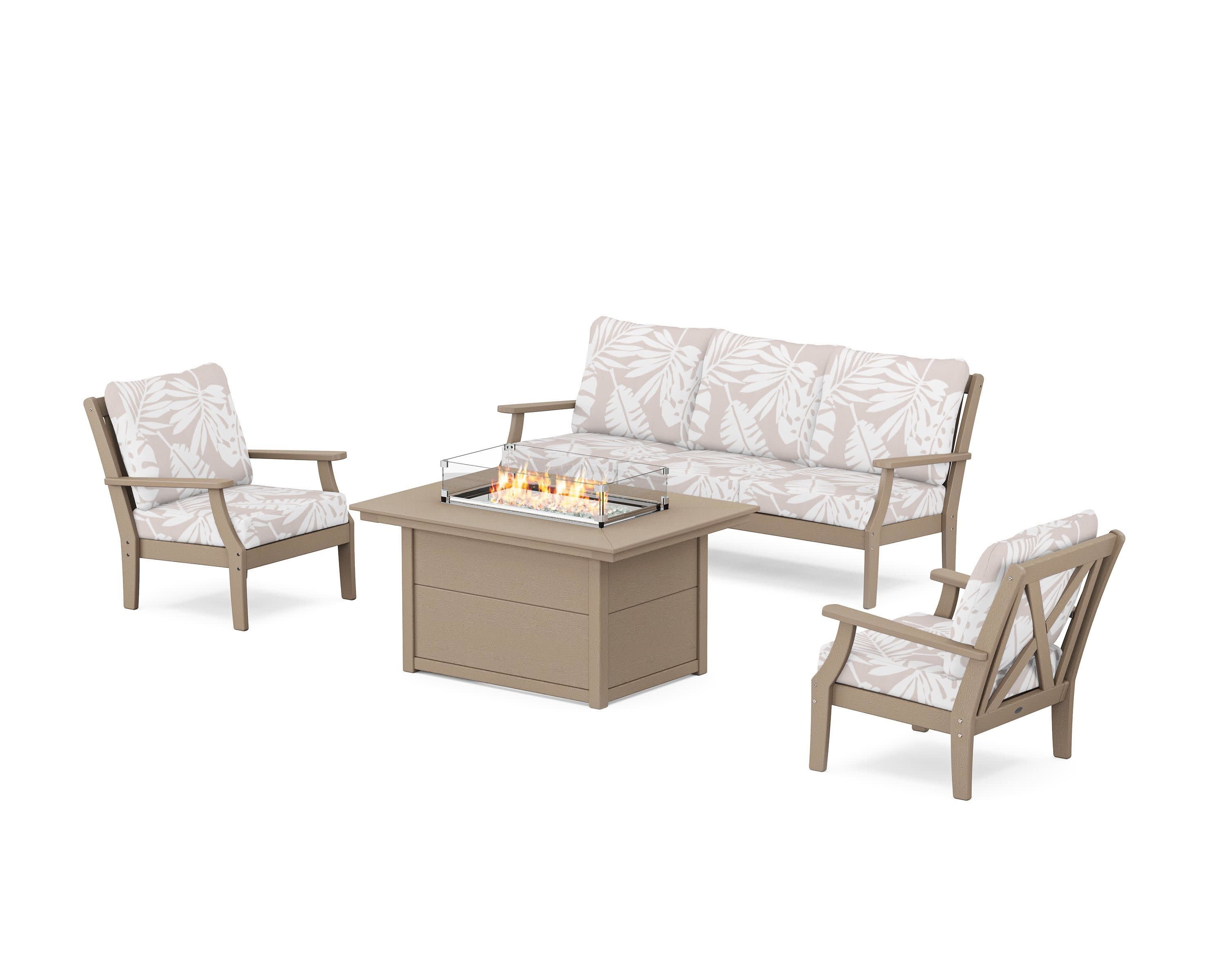Braxton Deep Seating Fire Pit Table Set in Vintage Sahara / Leaf Dune Burlap
