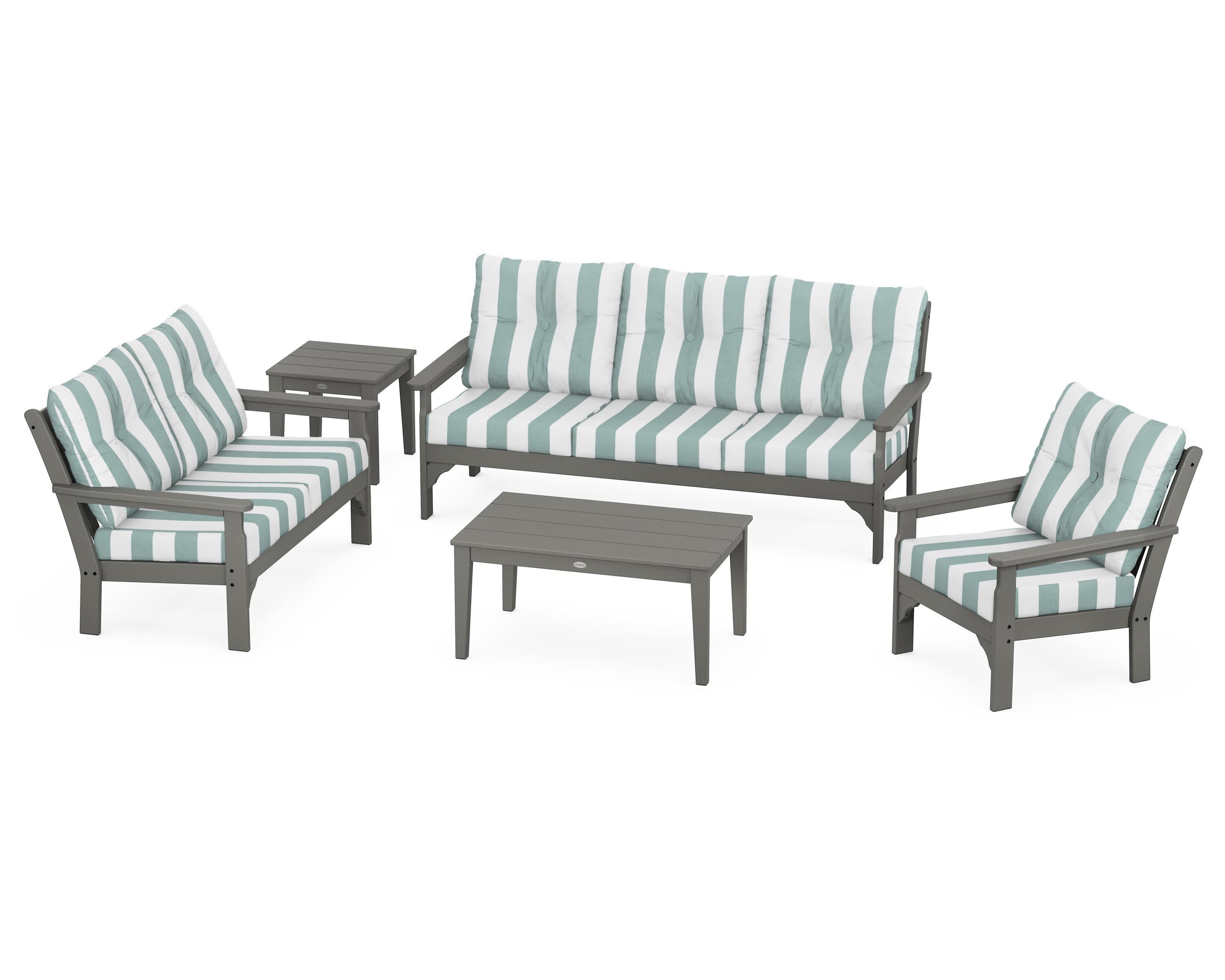 Vineyard 5 Piece Deep Seating Set in Slate Grey / Cabana Stripe Glacier Spa