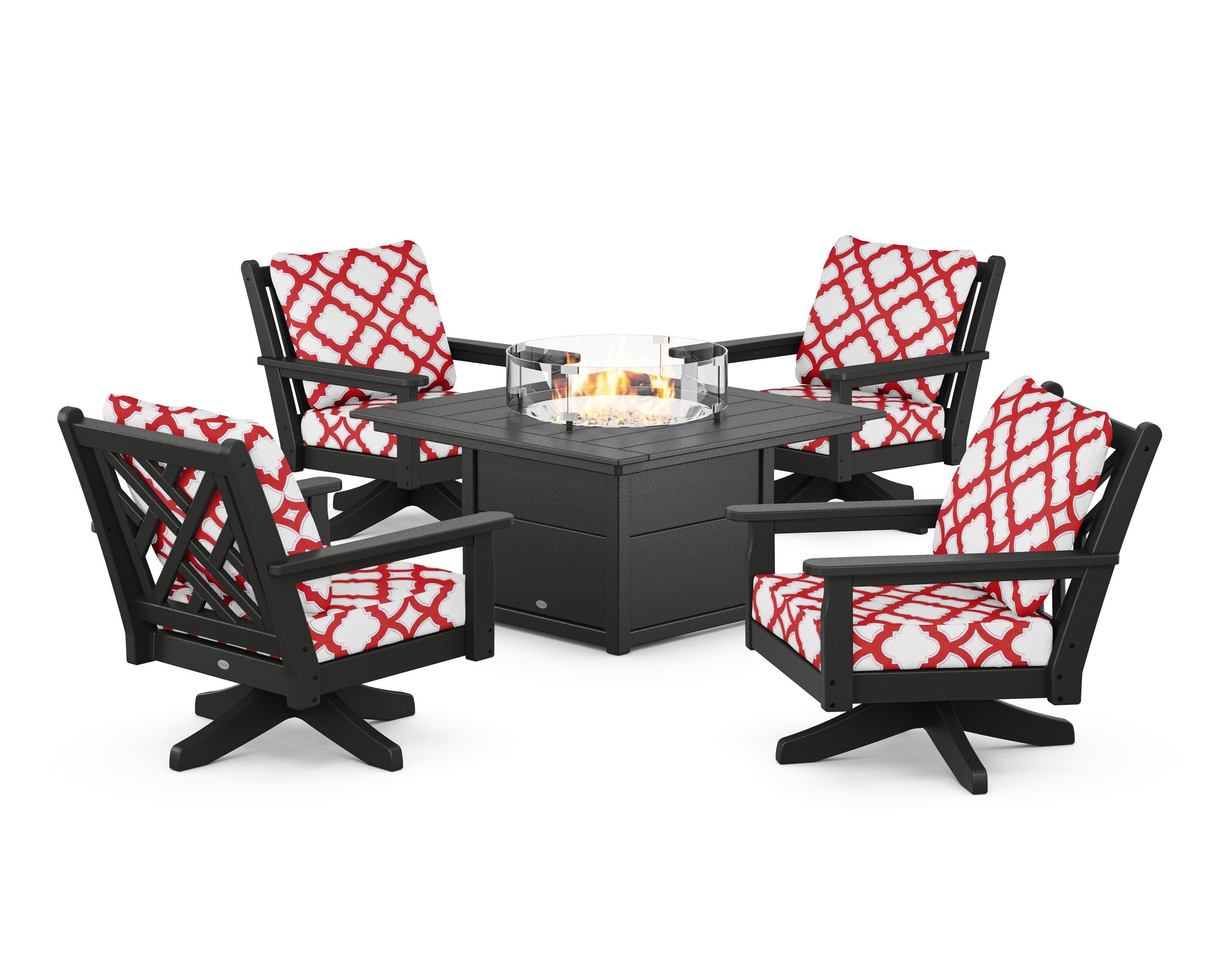 Chippendale 5-Piece Deep Seating Swivel Conversation Set with Fire Pit Table in Black / Trellis Crimson