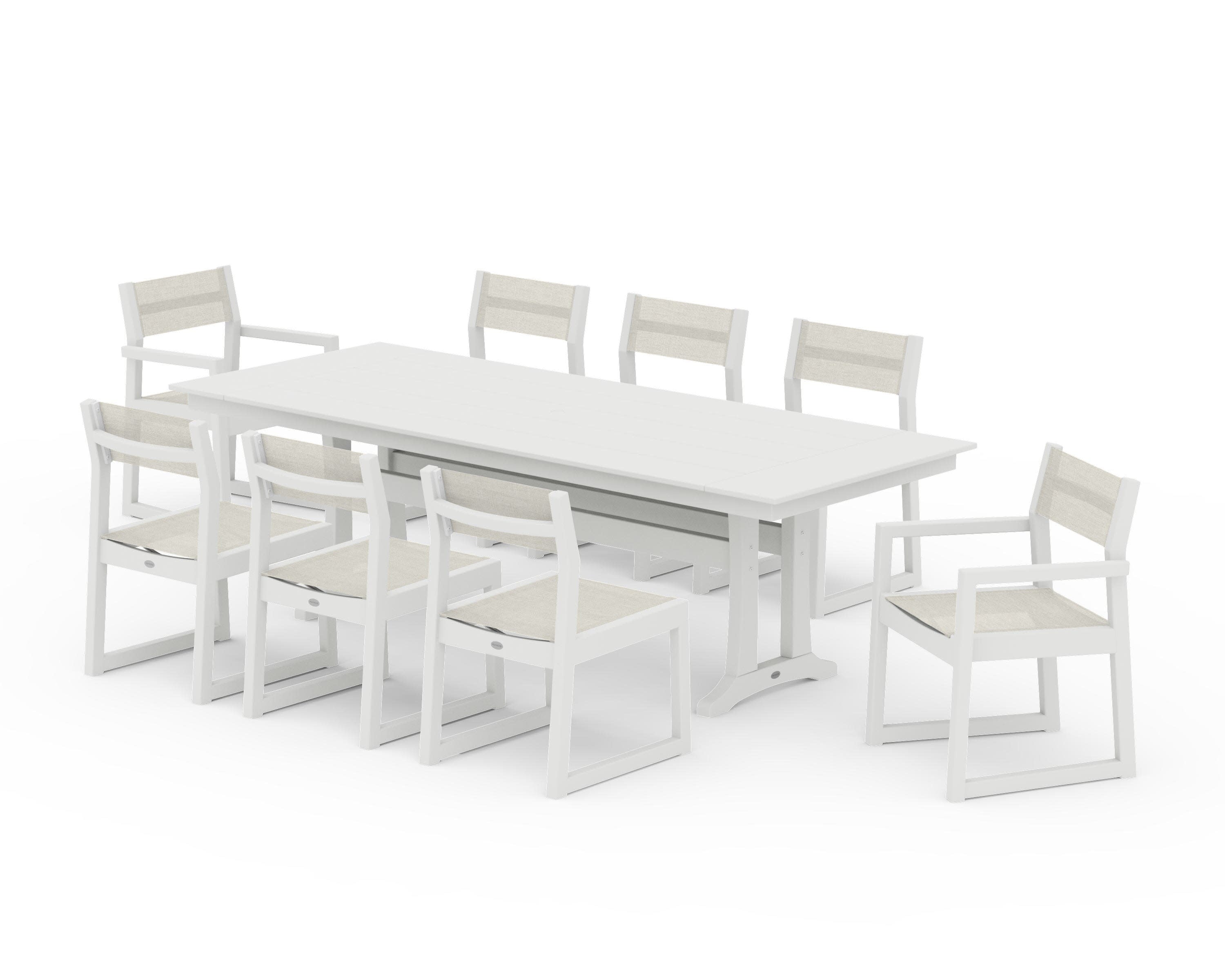 EDGE Sling 9-Piece Farmhouse Trestle Dining Set in Vintage White / Parchment Sling