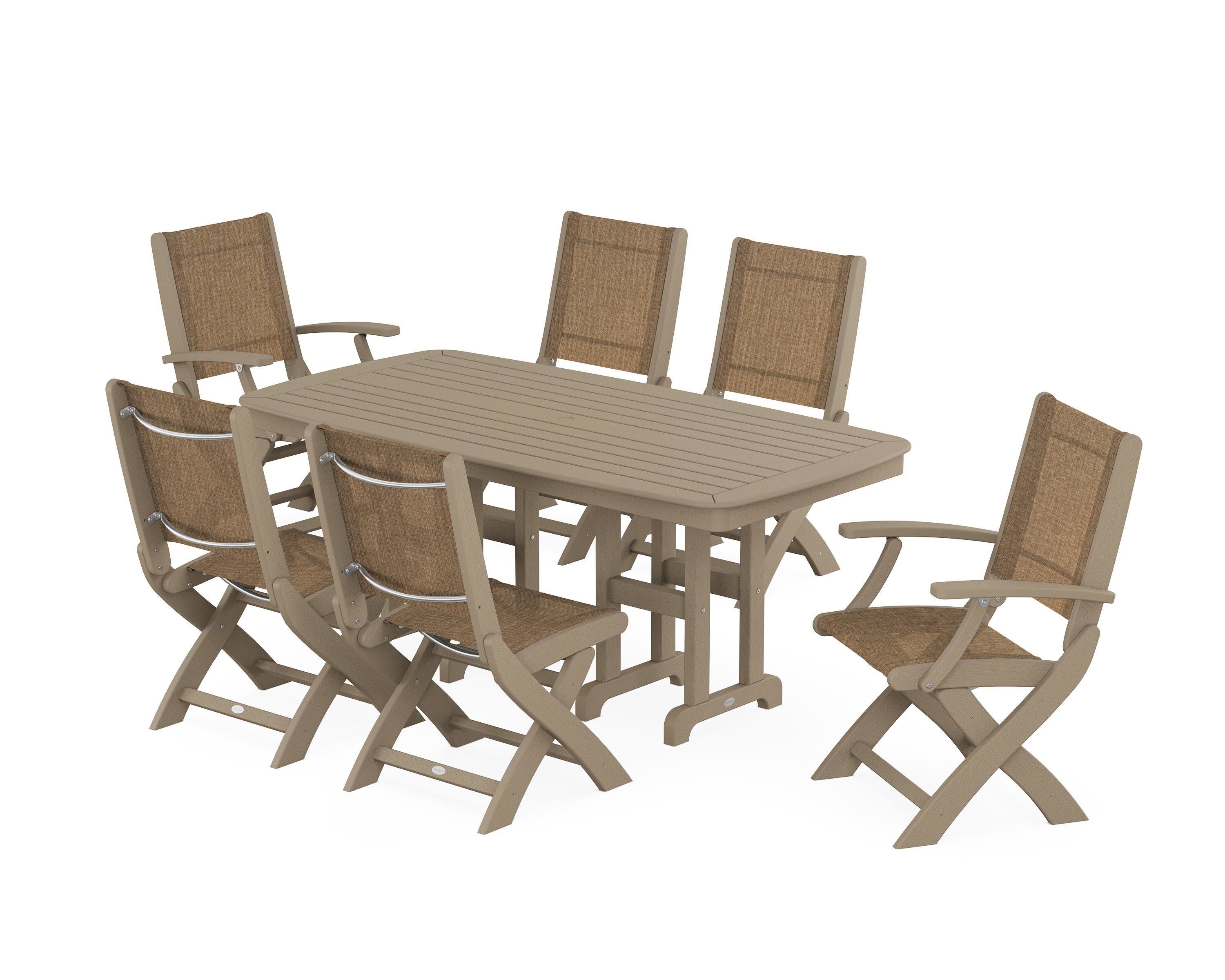 Coastal Folding Chair 7-Piece Dining Set in Vintage Sahara / Burlap Sling