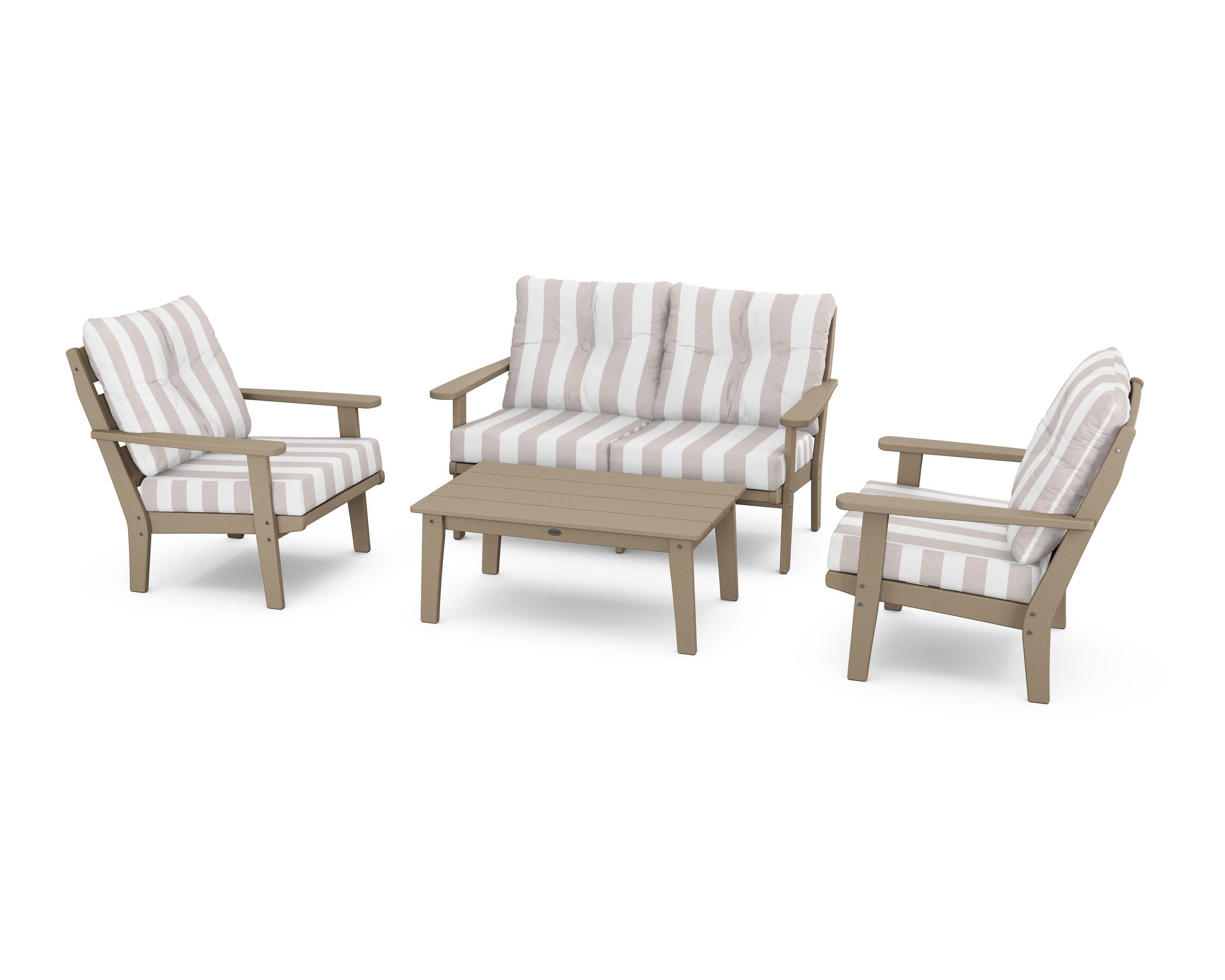 Lakeside 4-Piece Deep Seating Set in Vintage Sahara / Cabana Stripe Dune Burlap
