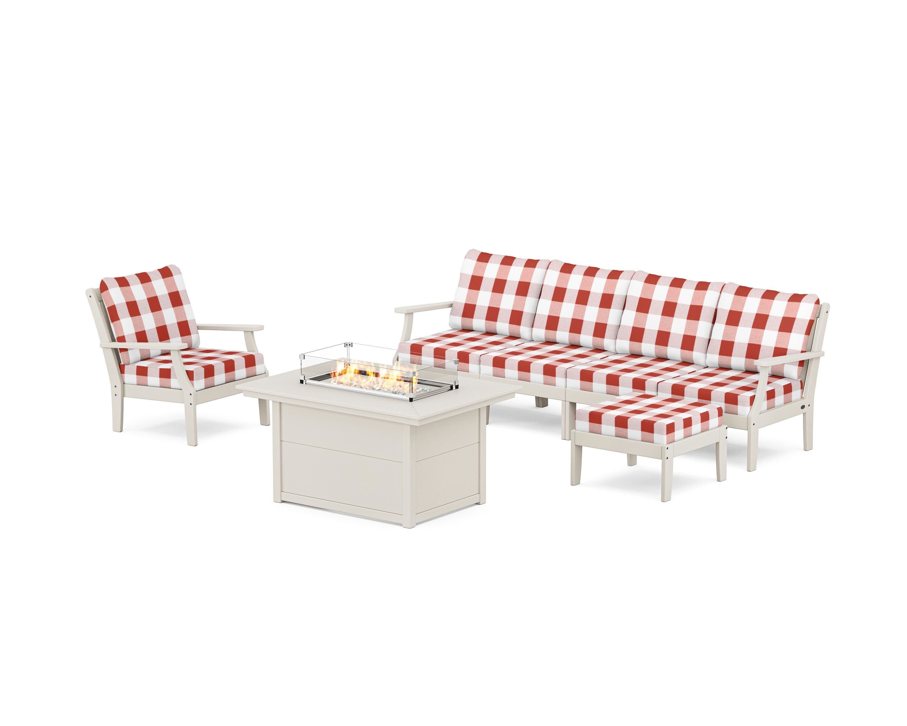 Braxton Sectional Lounge and Fire Pit Set in Sand / Buffalo Plaid Crimson