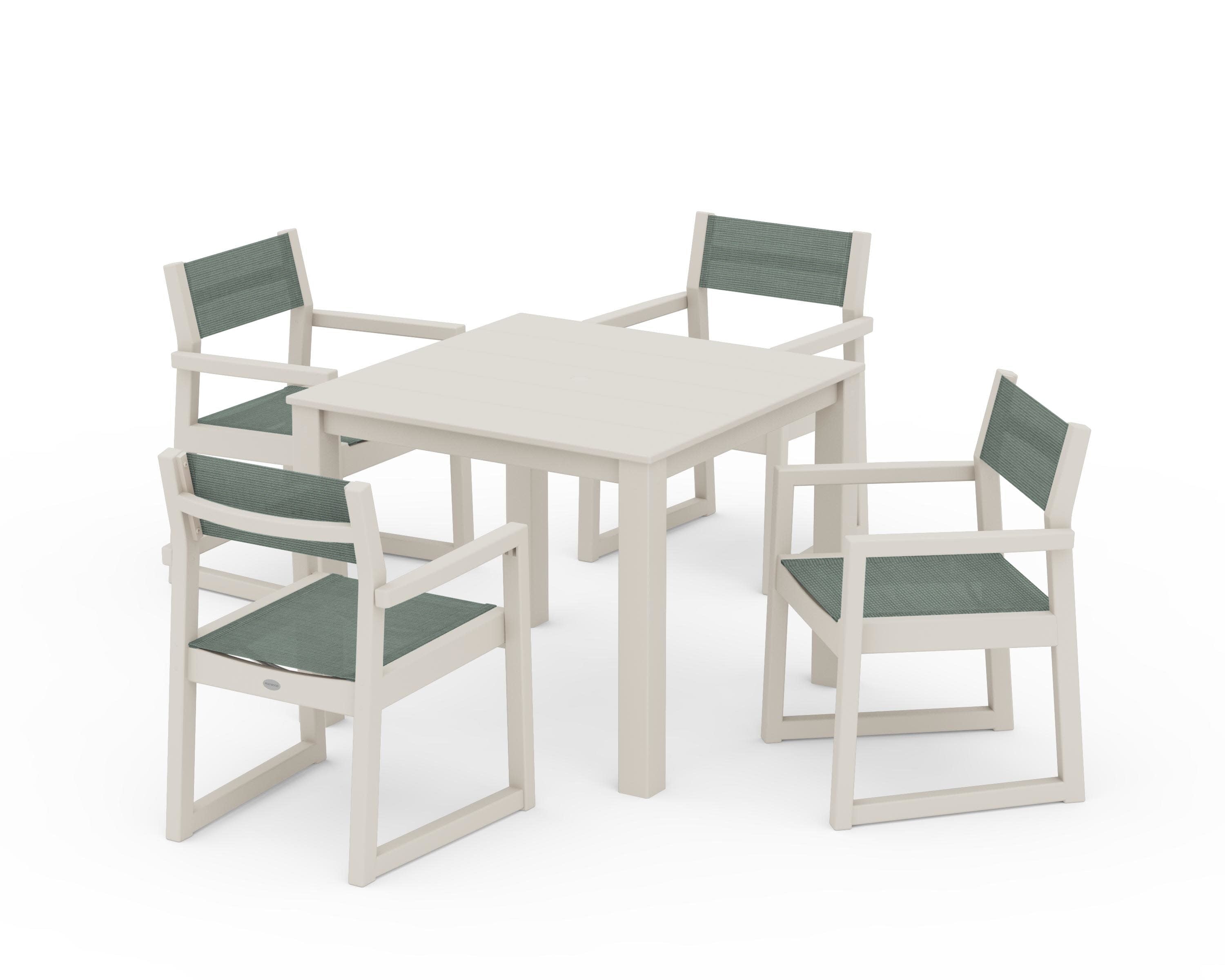 EDGE Sling Arm Chair 5-Piece Parsons Dining Set in Sand / Dupioni Sea Mist Sling