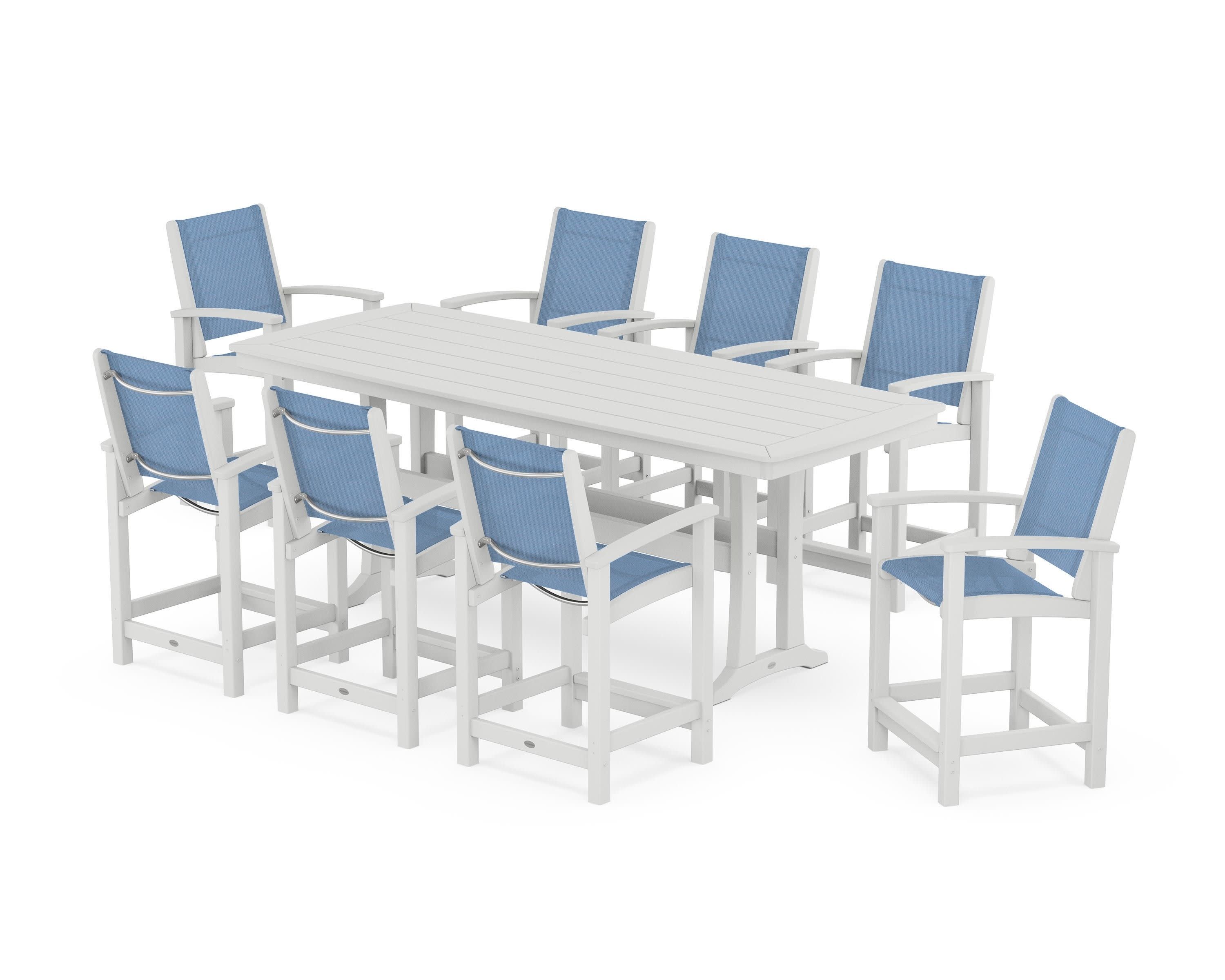Coastal 9-Piece Counter Set with Trestle Legs in White / Poolside Sling