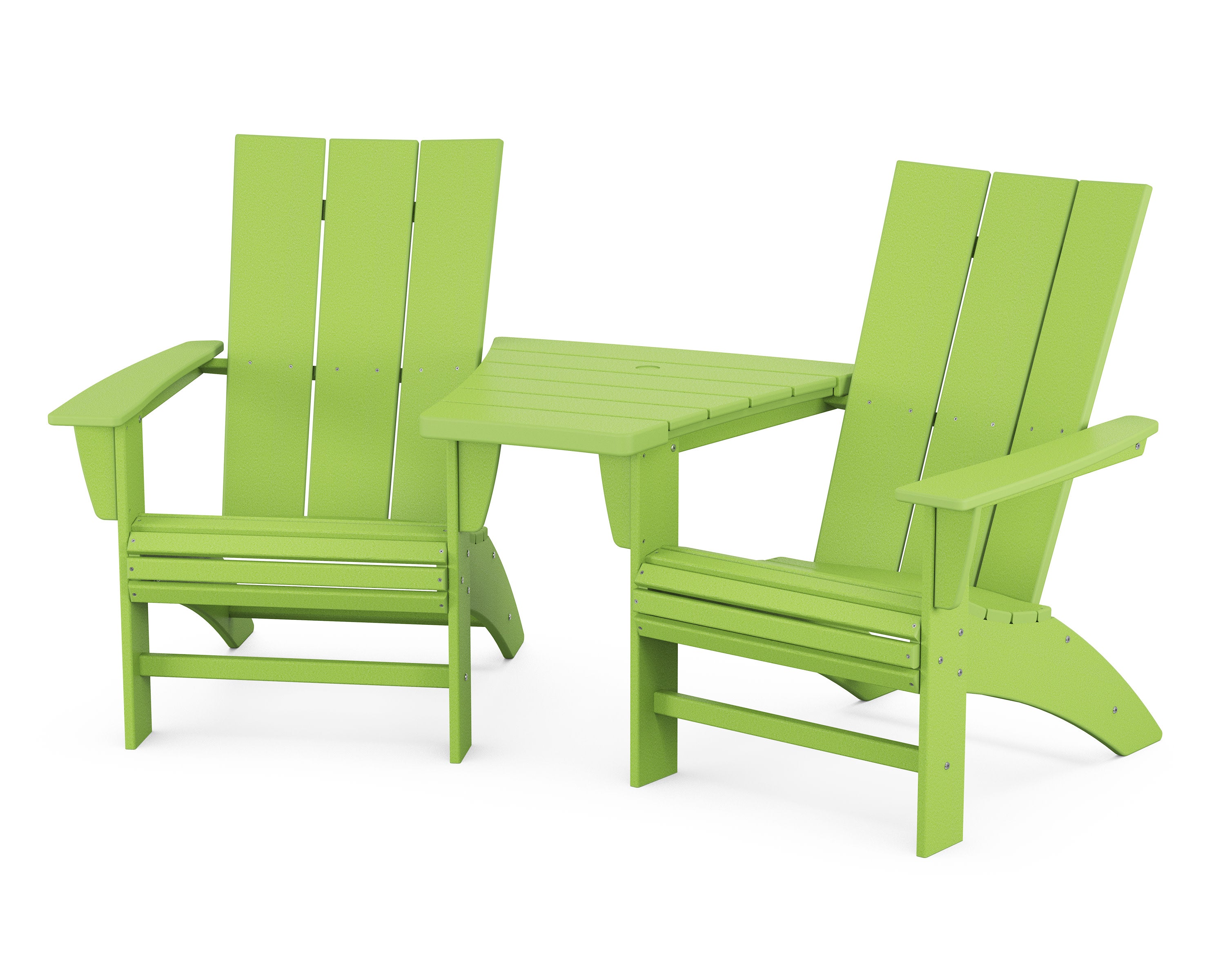 Modern 3-Piece Curveback Adirondack Set with Angled Connecting Table in Lime