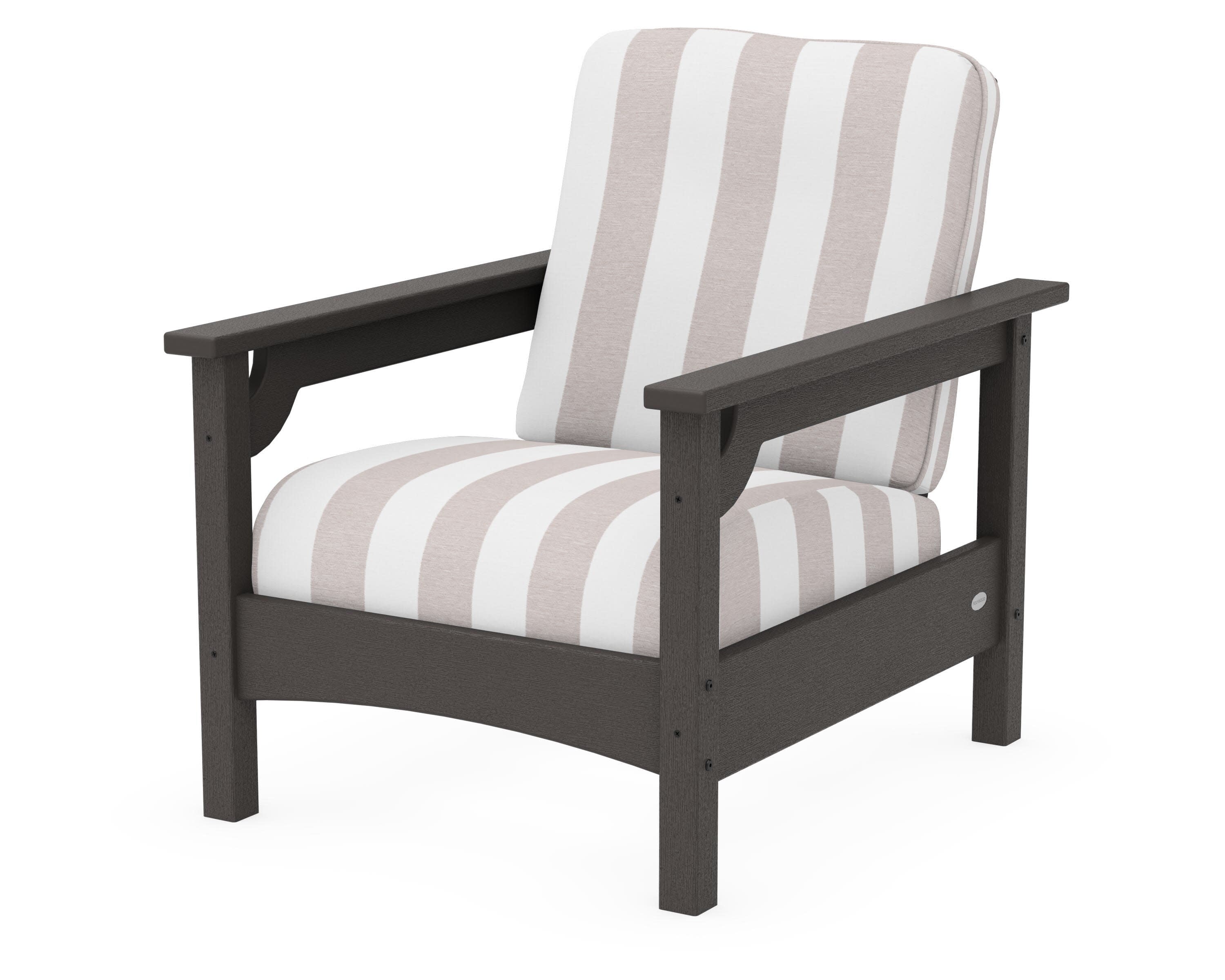 Club Chair in Vintage Coffee / Cabana Stripe Dune Burlap