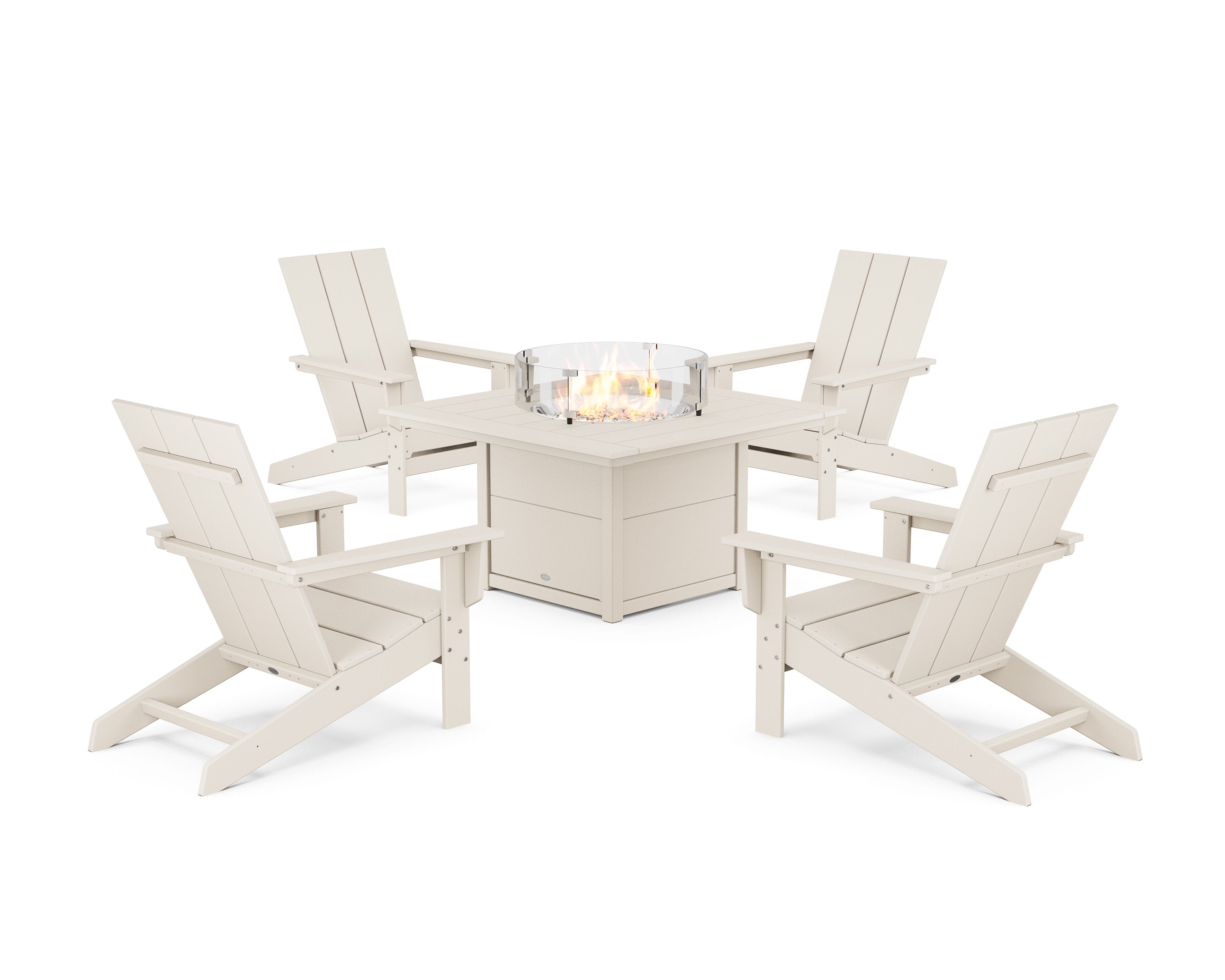 5-Piece Modern Studio Adirondack Conversation Set with Fire Pit Table in Sand