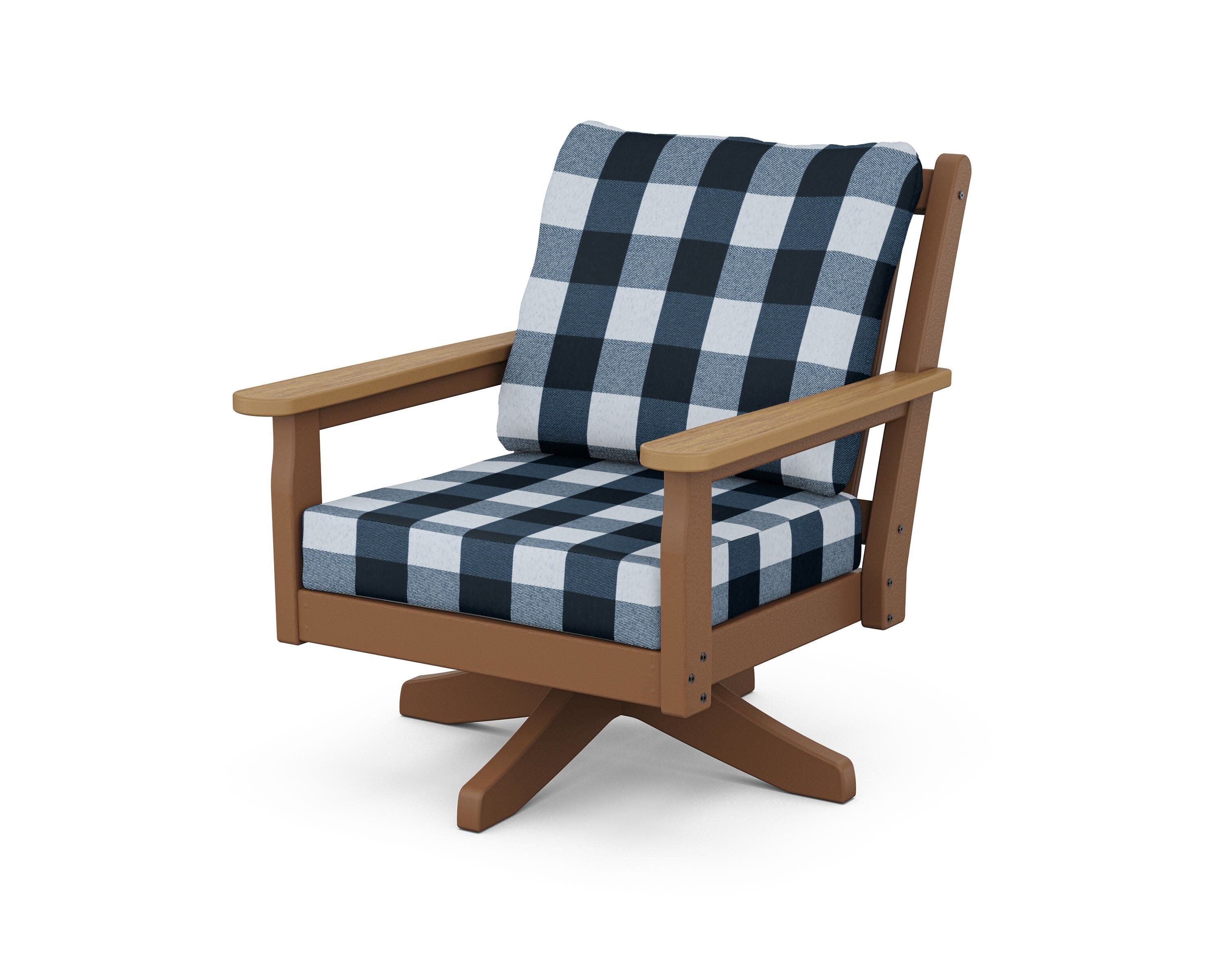 Chippendale Deep Seating Swivel Chair in Teak / Natural / Buffalo Plaid Marine Indigo
