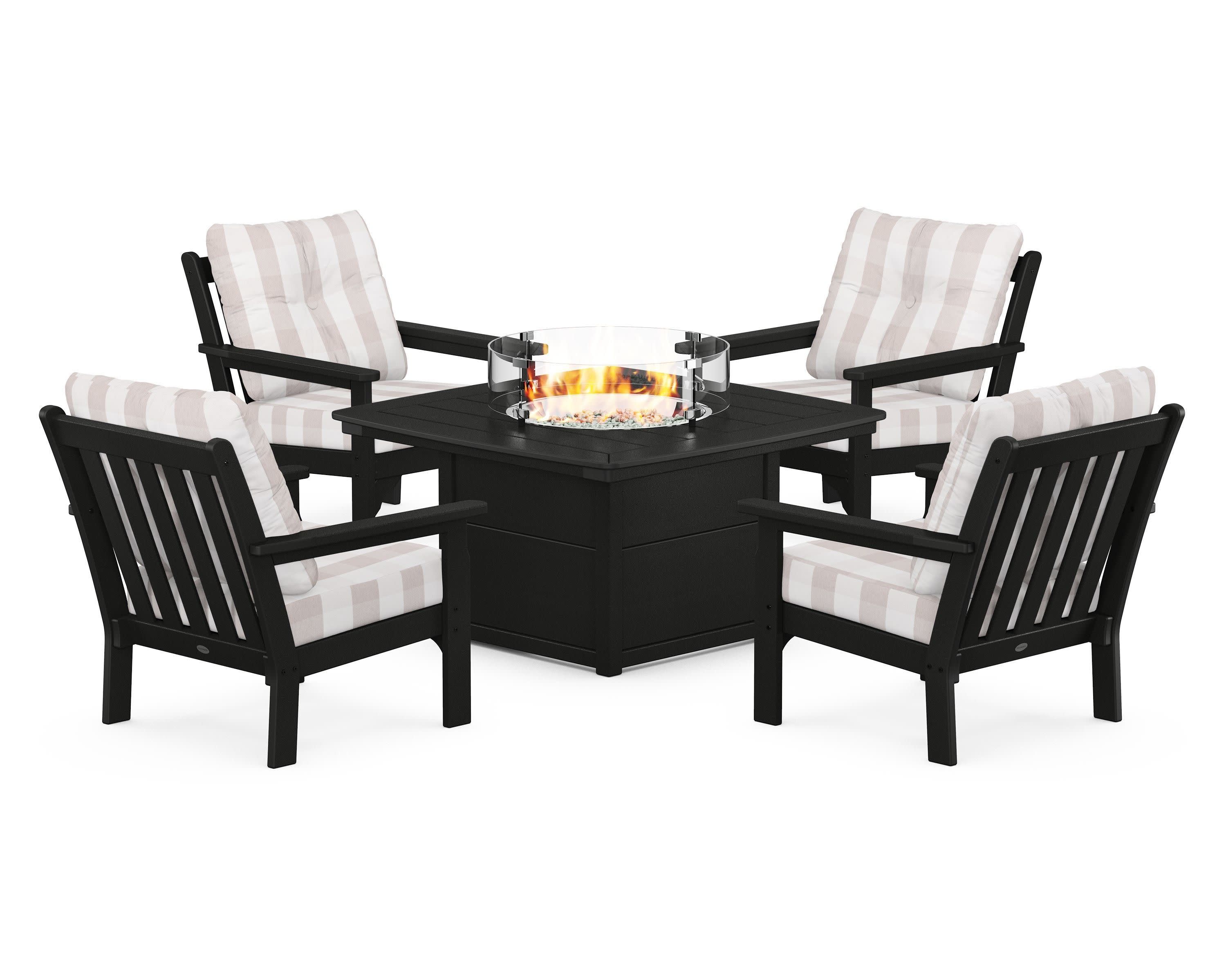 Vineyard 5-Piece Conversation Set with Fire Pit Table in Black / Buffalo Plaid Dune Burlap