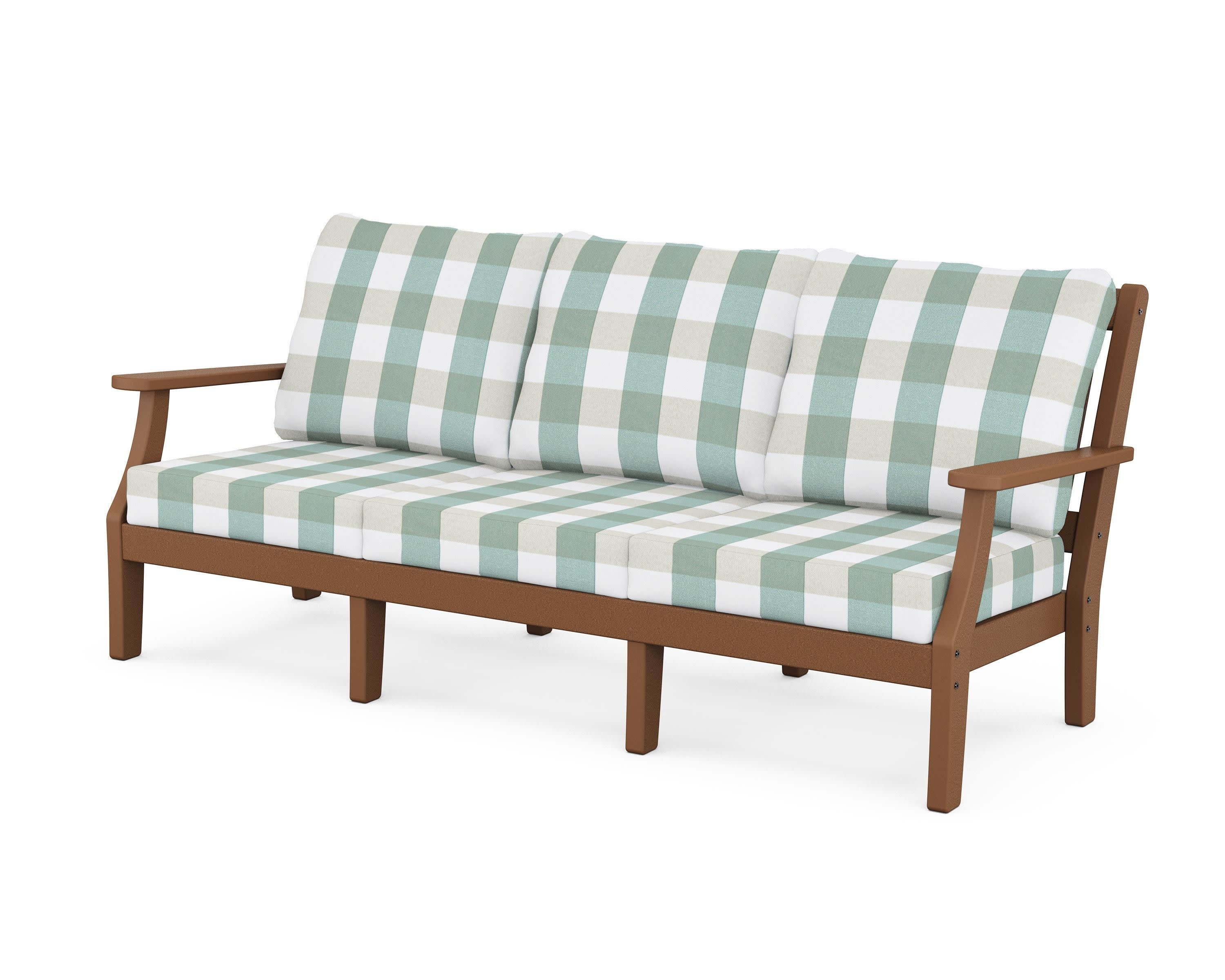 Chinoiserie Deep Seating Sofa in Teak / Buffalo Plaid Glacier Spa