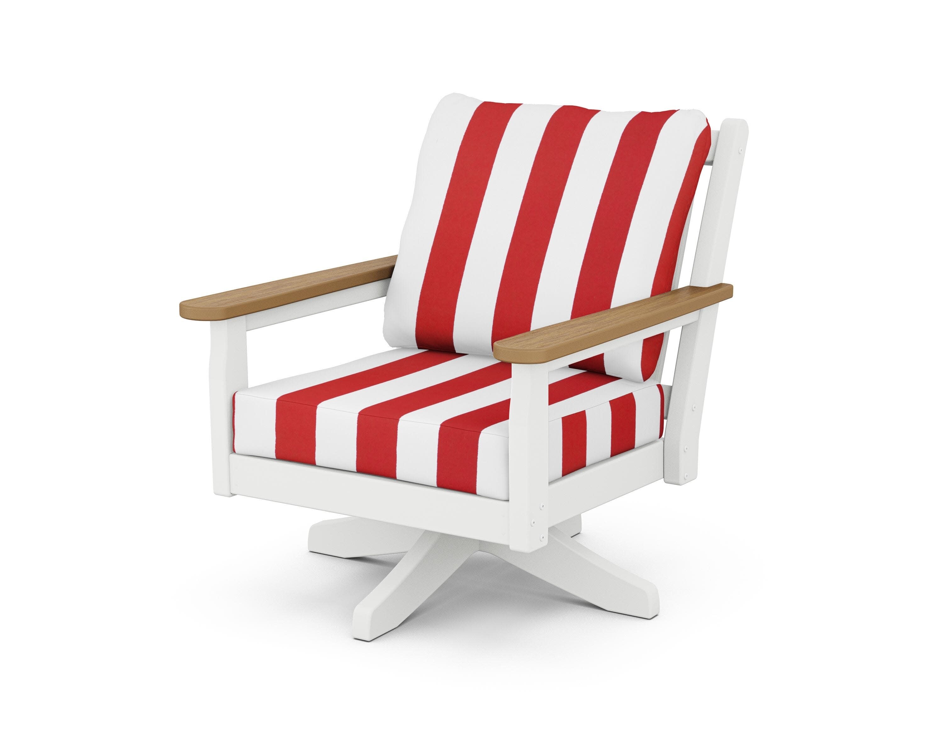 Chippendale Deep Seating Swivel Chair in White / Natural / Cabana Stripe Crimson