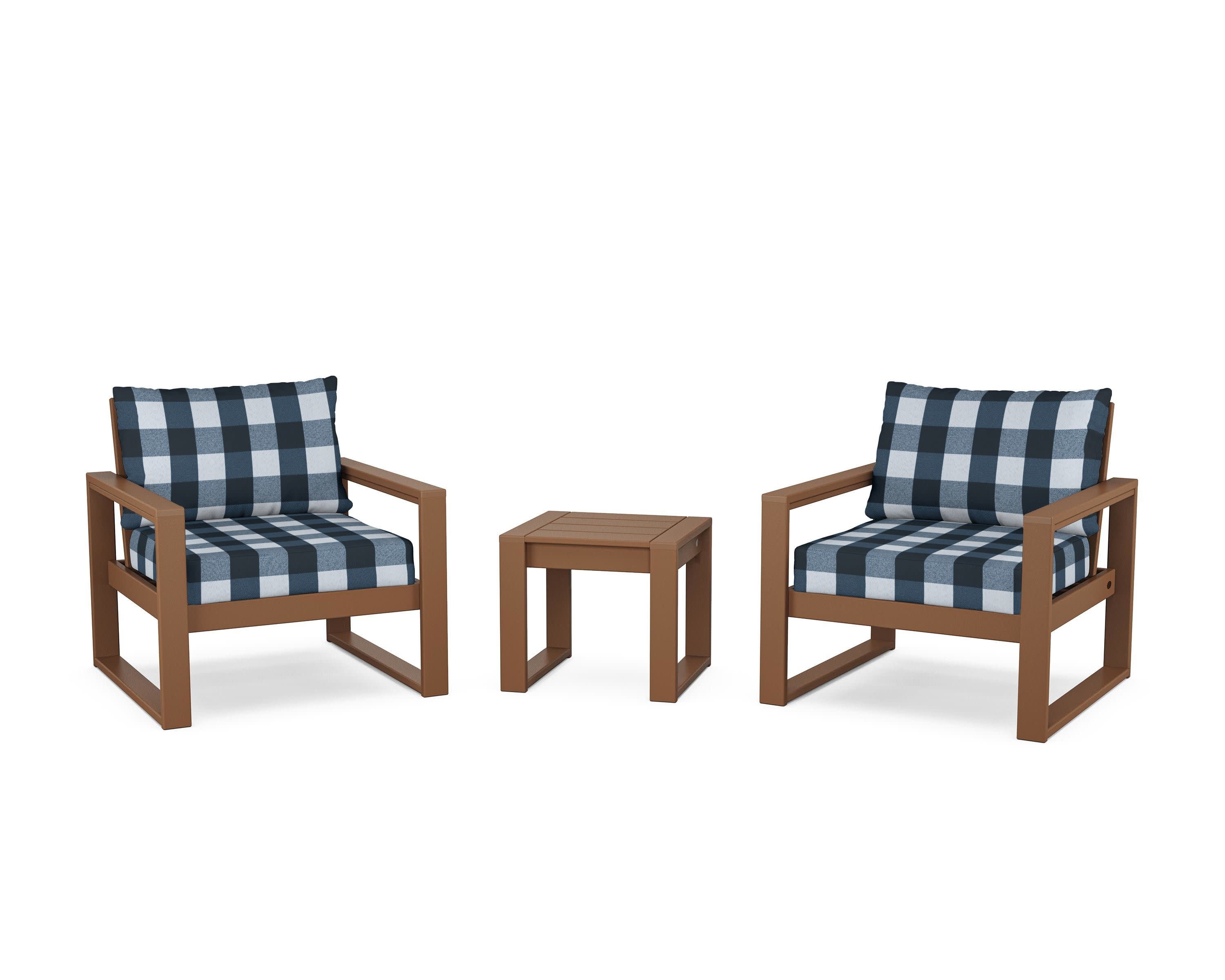 EDGE Sectional 3-Piece Deep Seating Set in Teak / Buffalo Plaid Marine Indigo