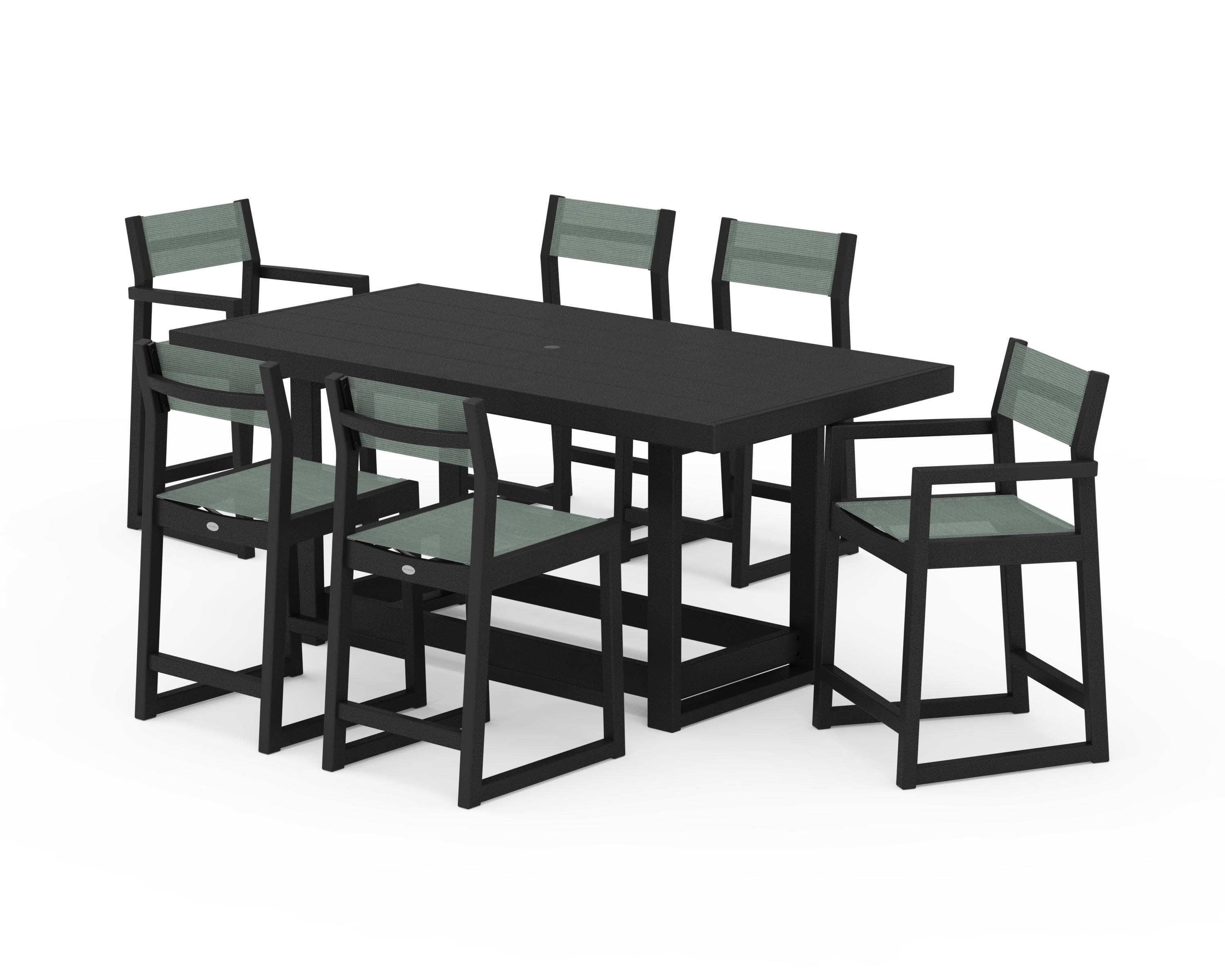 EDGE Sling 7-Piece Counter Table Set in Black / Dupioni Sea Mist Sling