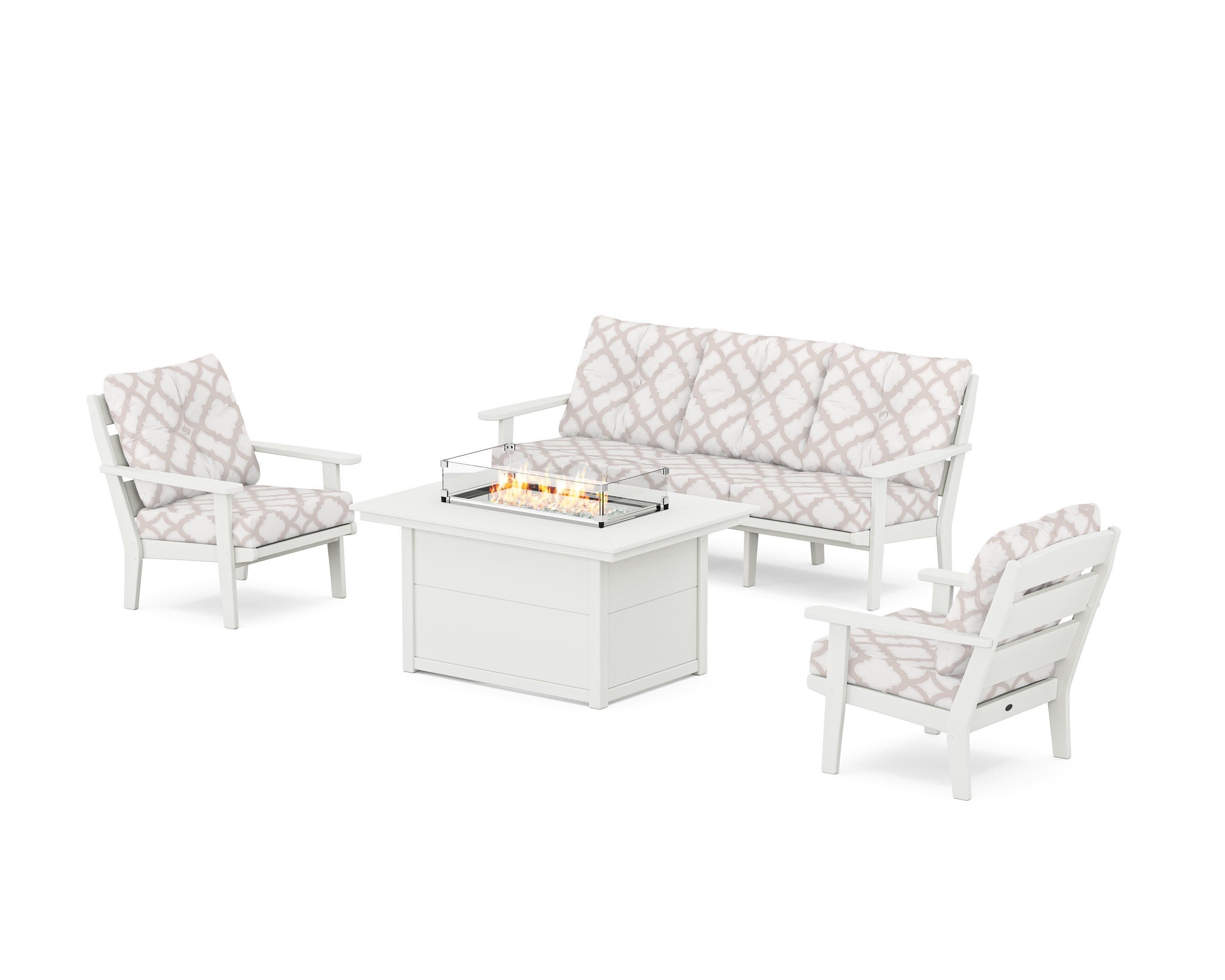Lakeside Deep Seating Fire Pit Table Set in Vintage White / Trellis Dune Burlap