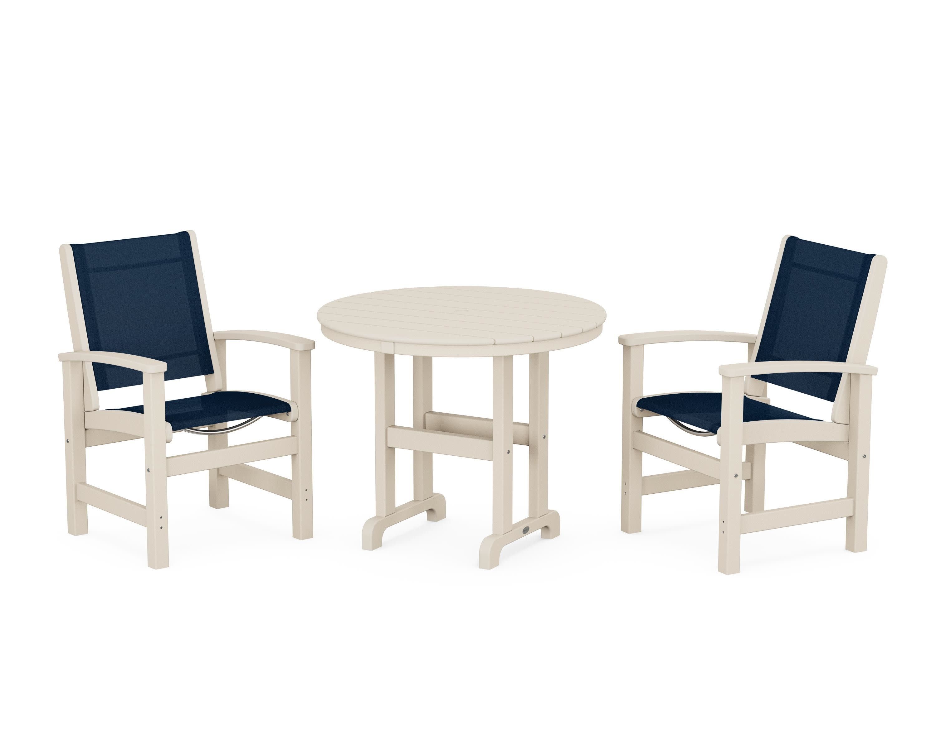 Coastal 3-Piece Round Dining Set in Sand / Navy Blue Sling