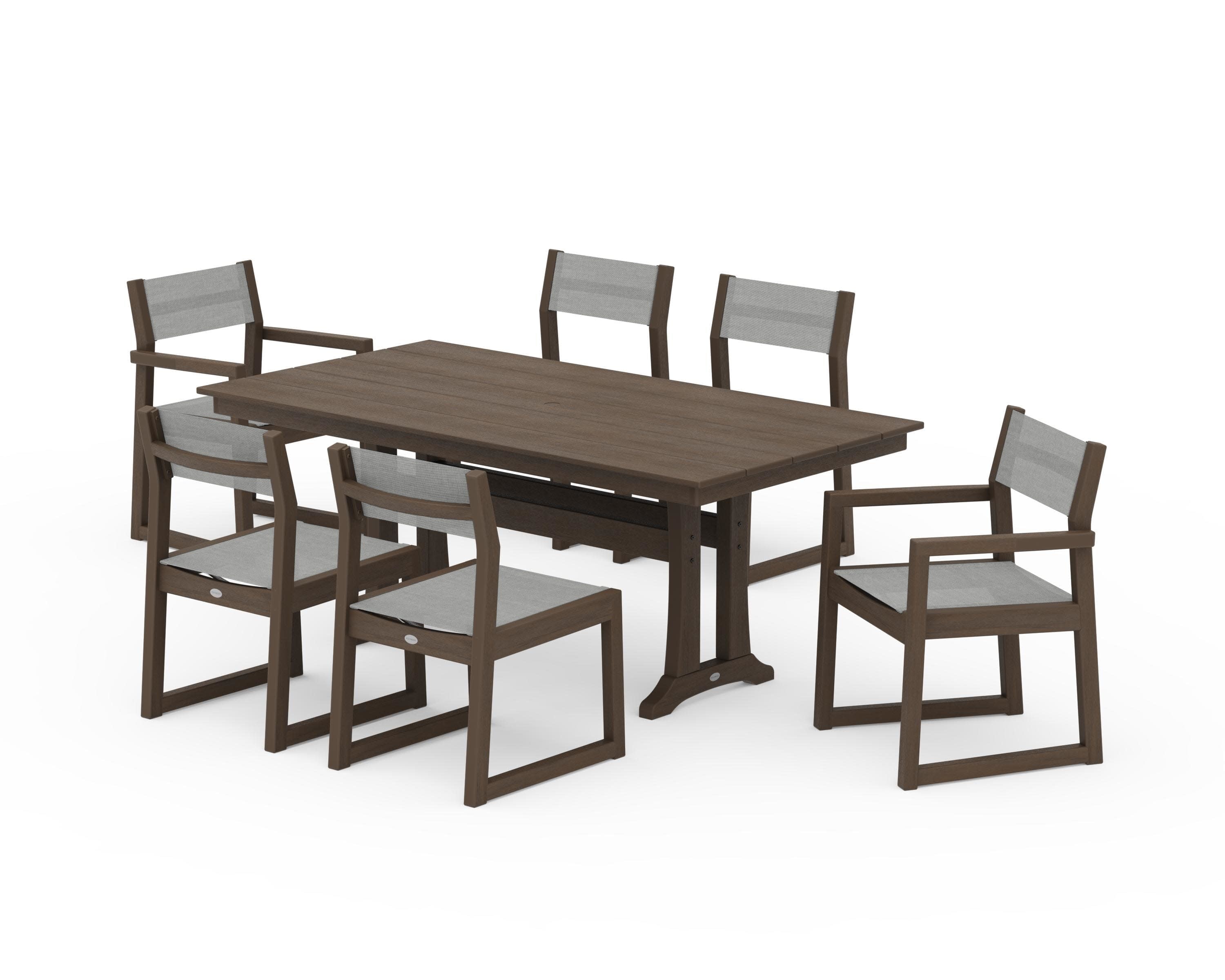 EDGE Sling 7-Piece Farmhouse Trestle Dining Set in Kona / Metallic Sling