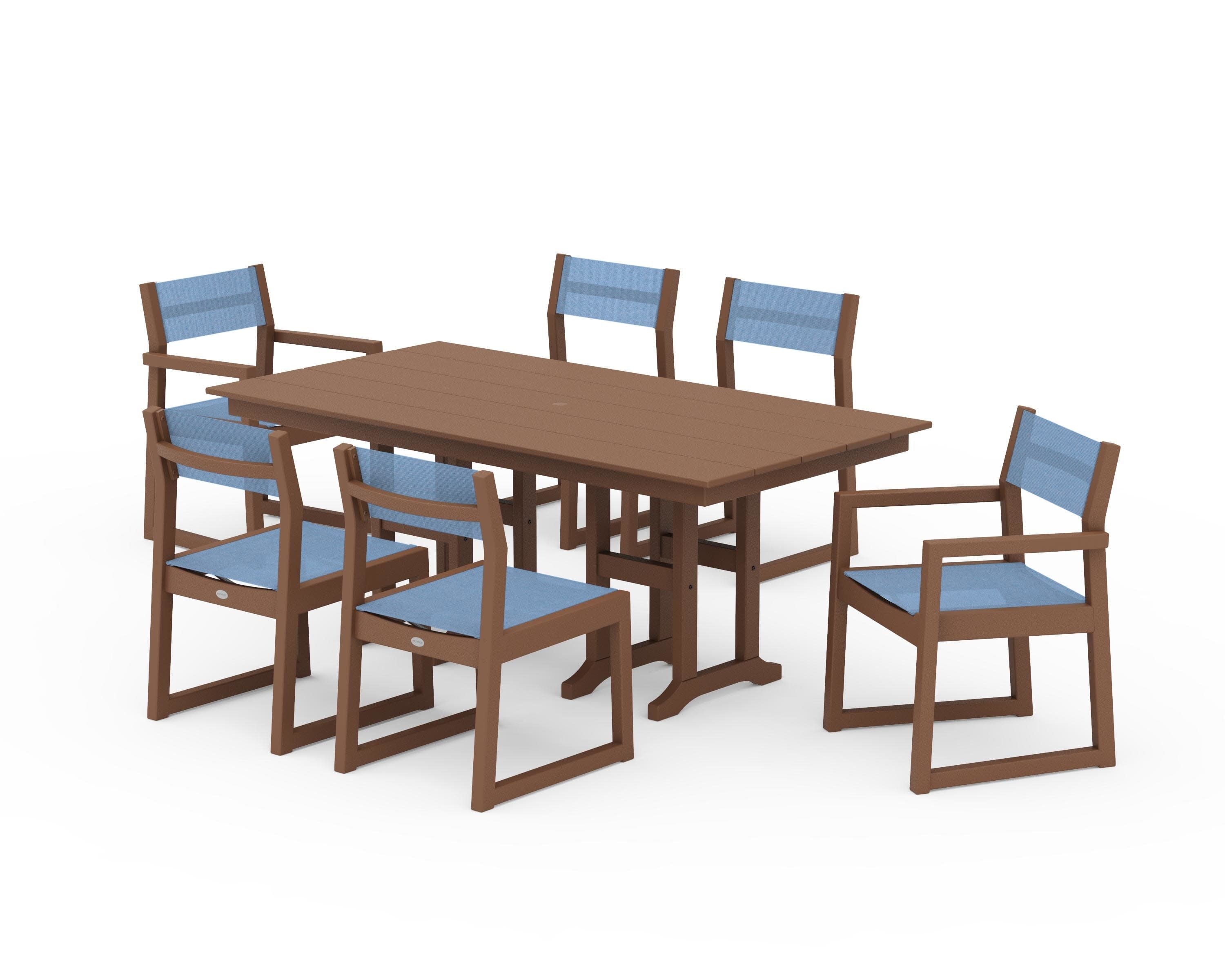 EDGE Sling 7-Piece Farmhouse Dining Set in Teak / Poolside Sling
