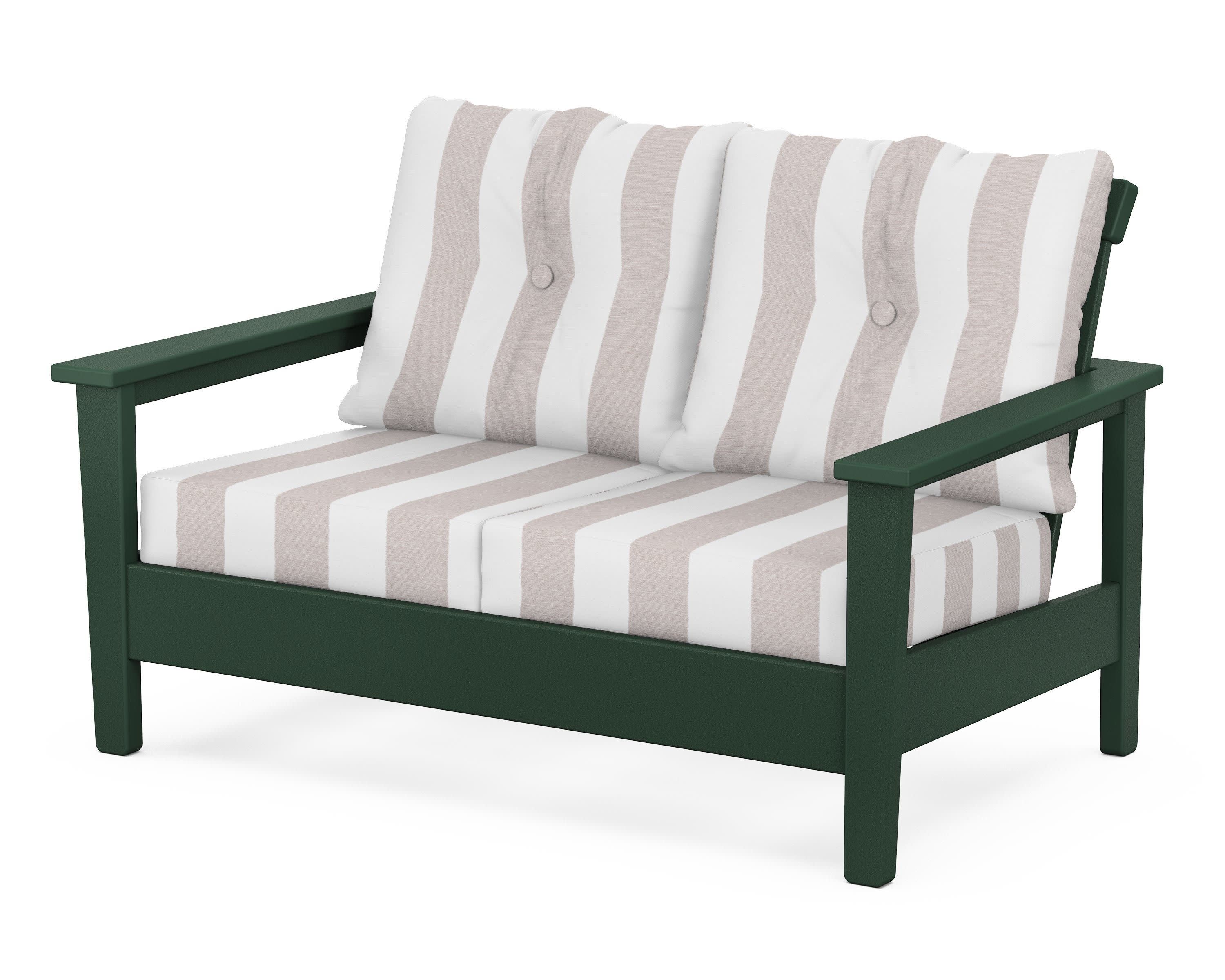 Prescott Deep Seating Loveseat in Green / Cabana Stripe Dune Burlap