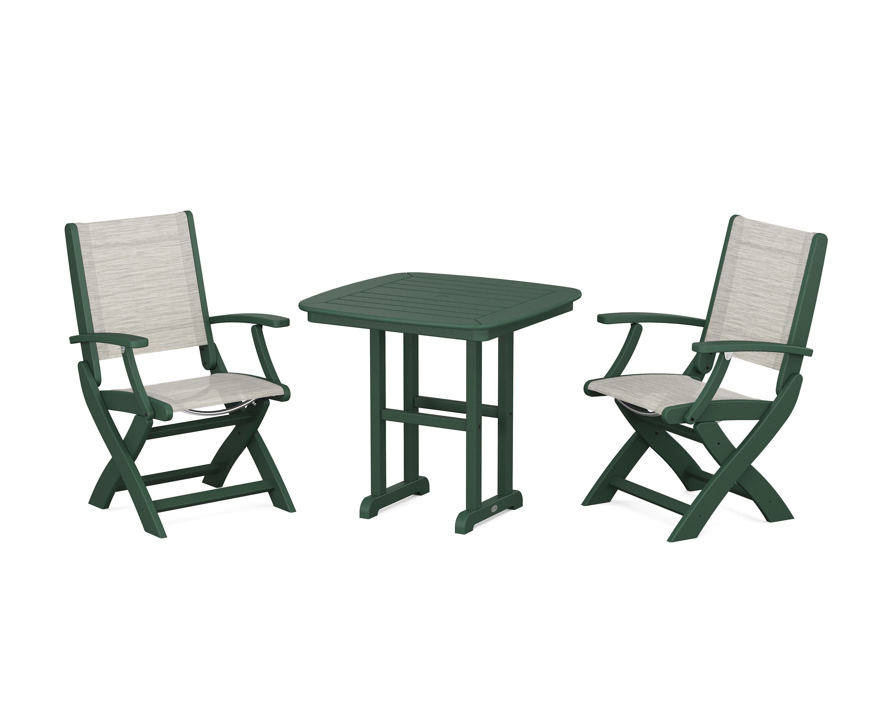 Coastal Folding Chair 3-Piece Dining Set in Green / Birch Sling