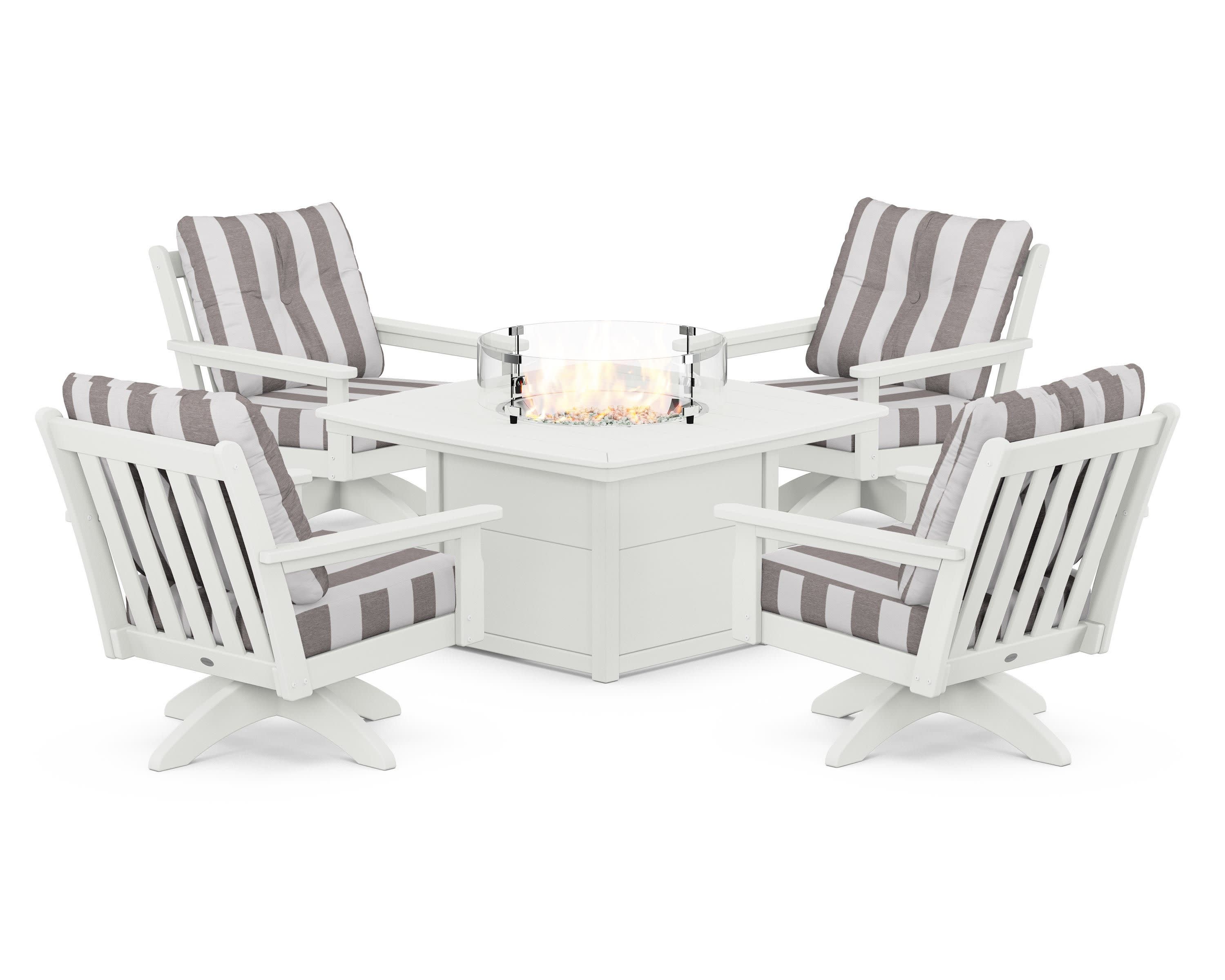 Vineyard 5-Piece Deep Seating Swivel Conversation Set with Fire Pit Table in Vintage White / Cabana Stripe Grey Mist