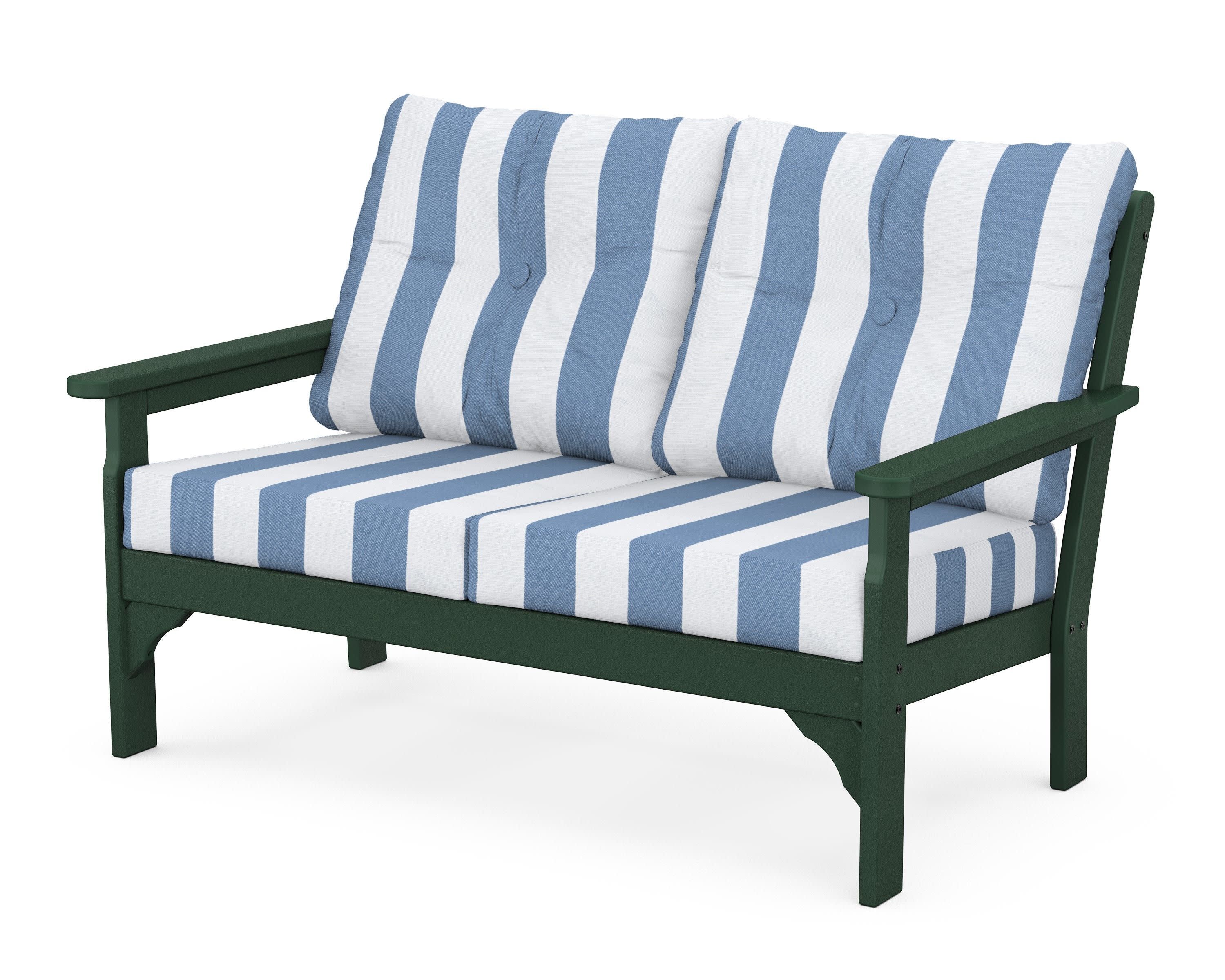 Vineyard Deep Seating Loveseat in Green / Cabana Stripe Sky Blue