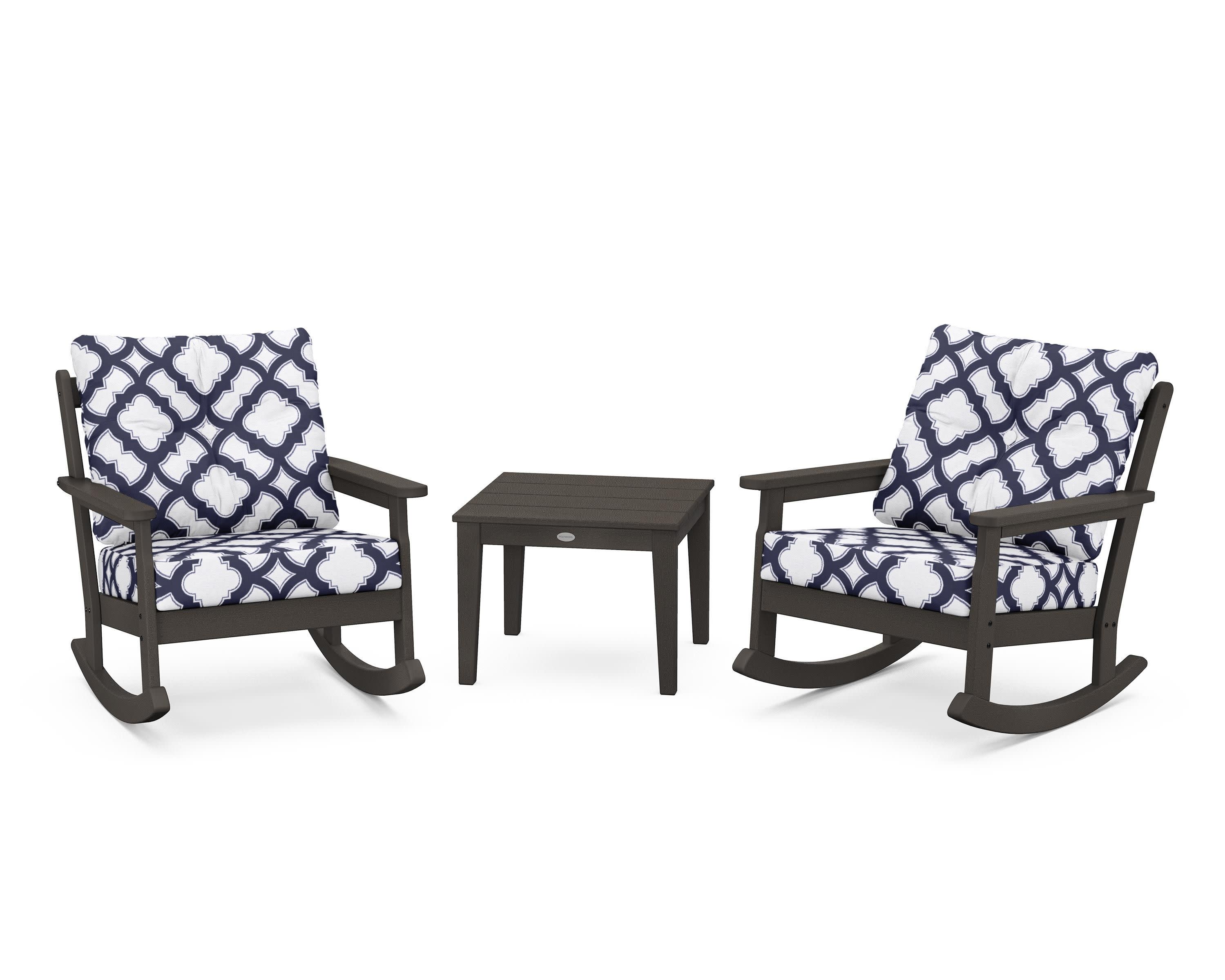 Vineyard 3-Piece Deep Seating Rocker Set in Vintage Coffee / Trellis Navy
